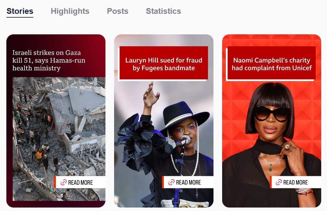 Resultados de InstaNavigation para historias de una cuenta de Instagram