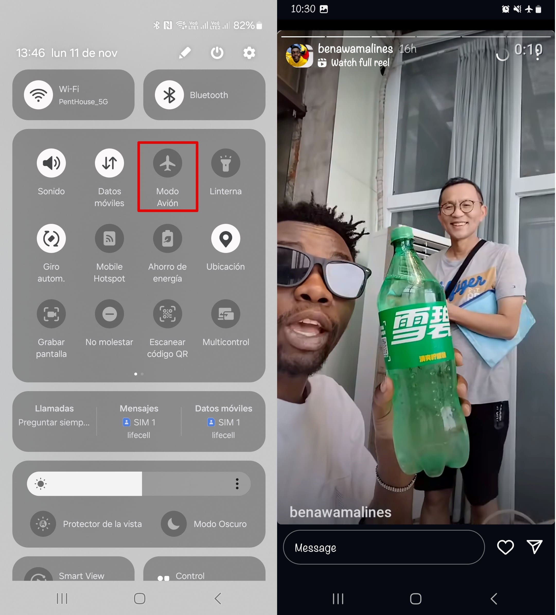 Historias de Instagram en modo avión mostrando las dos primeras historias que se cargaron en una cuenta de Instagram
