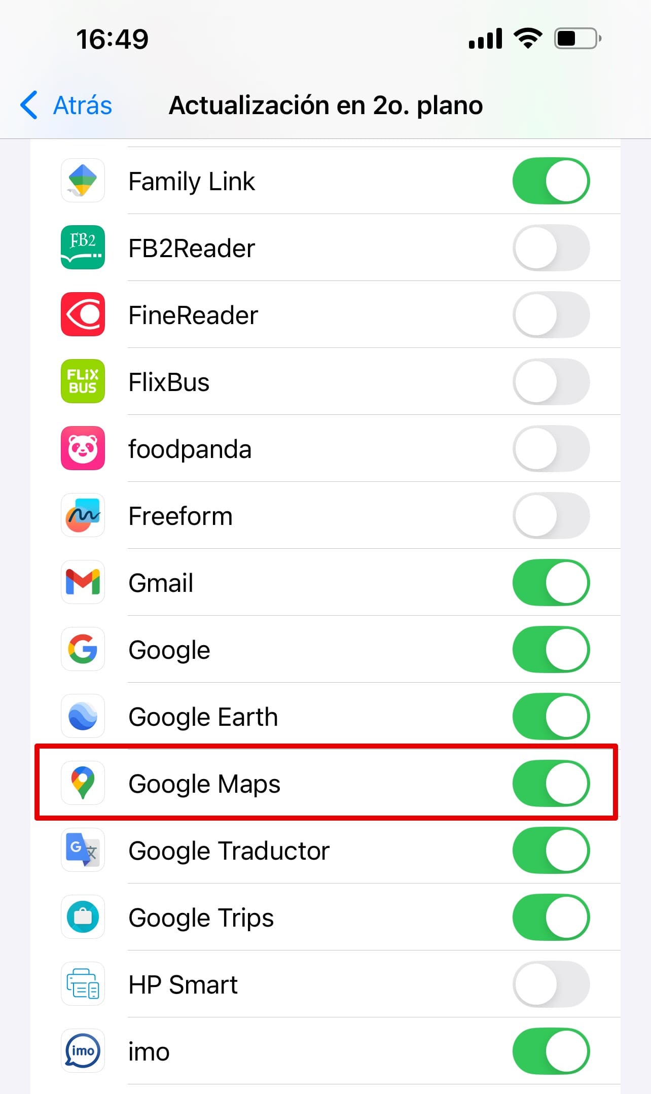 How to set up background app refresh on iPhone by turning on the toggle button next to Google Maps