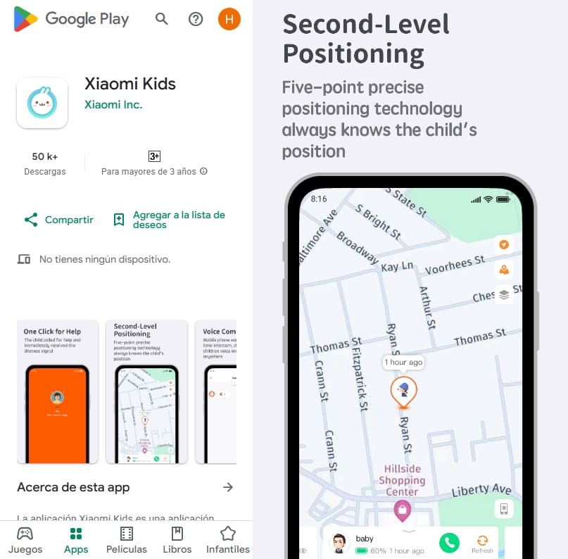Aplicación Xiaomi Kids en Google Play e interfaz de la aplicación con un mapa