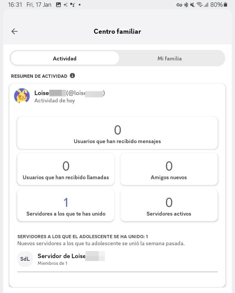 Discord Family Center, que muestra información detallada sobre la actividad del adolescente, incluidas métricas como el número de mensajes, llamadas y amigos añadidos