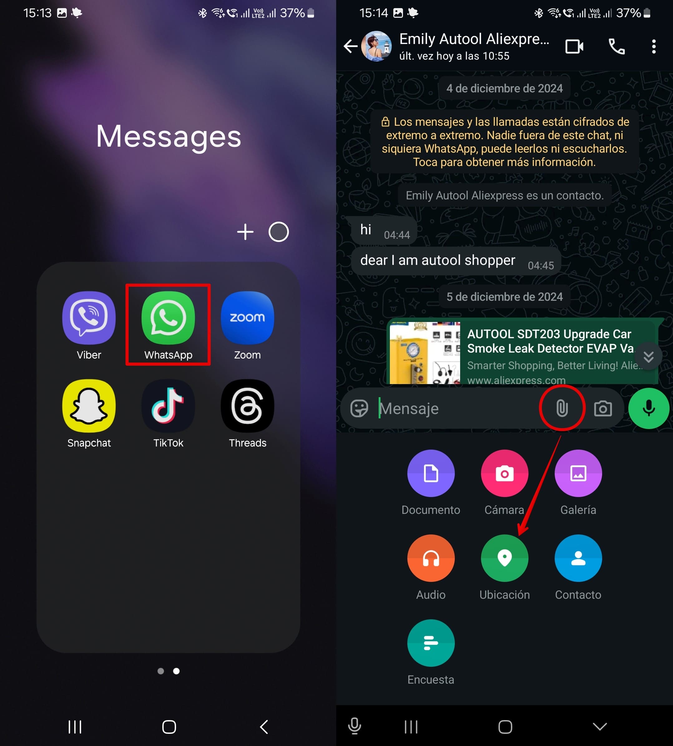 Para compartir una ubicación en whatsapp, vaya a la aplicación whatsapp - junto al campo de mensaje, haga clic en el icono del clip - haga clic en Ubicación