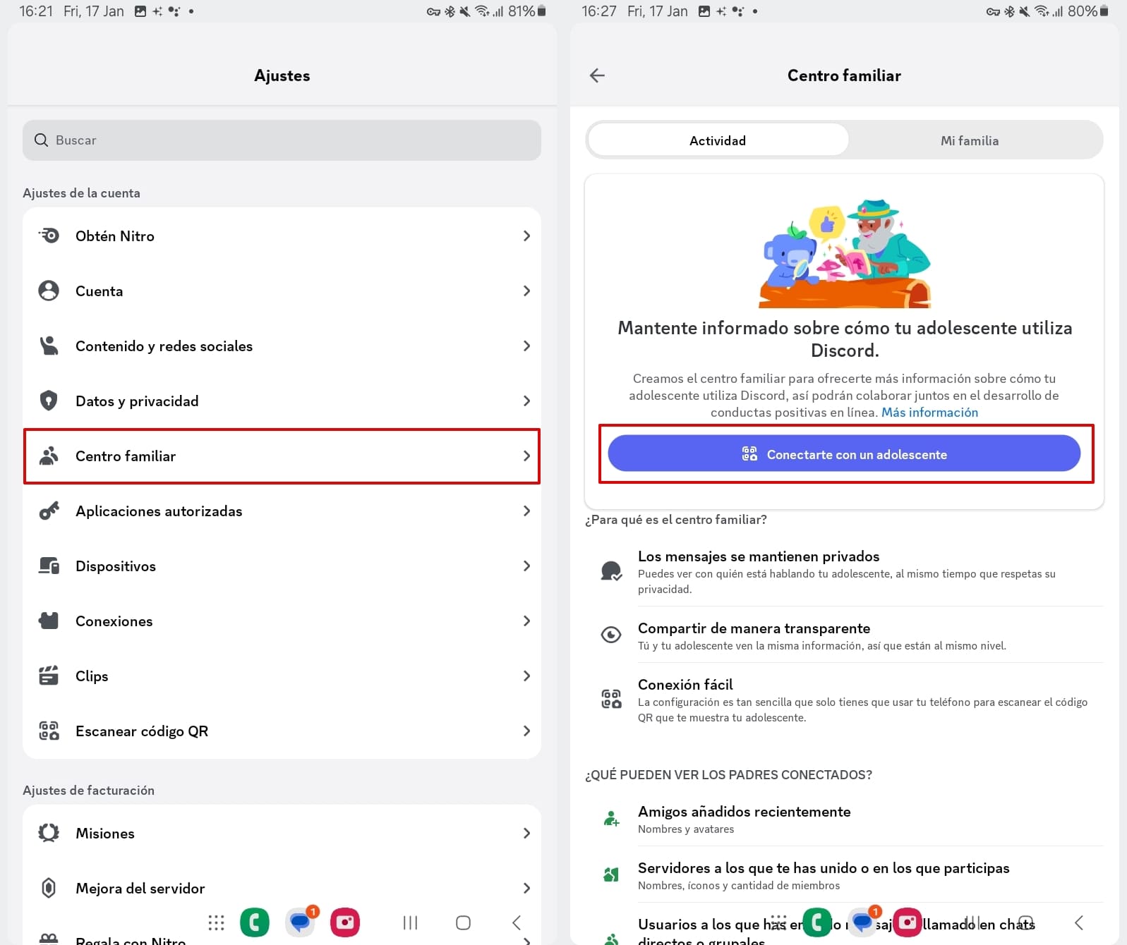 Captura de pantalla que muestra la función «Centro familiar» en los ajustes de Discord, con opciones para conectar la cuenta de un padre a la cuenta de un adolescente para supervisar su actividad respetando la privacidad