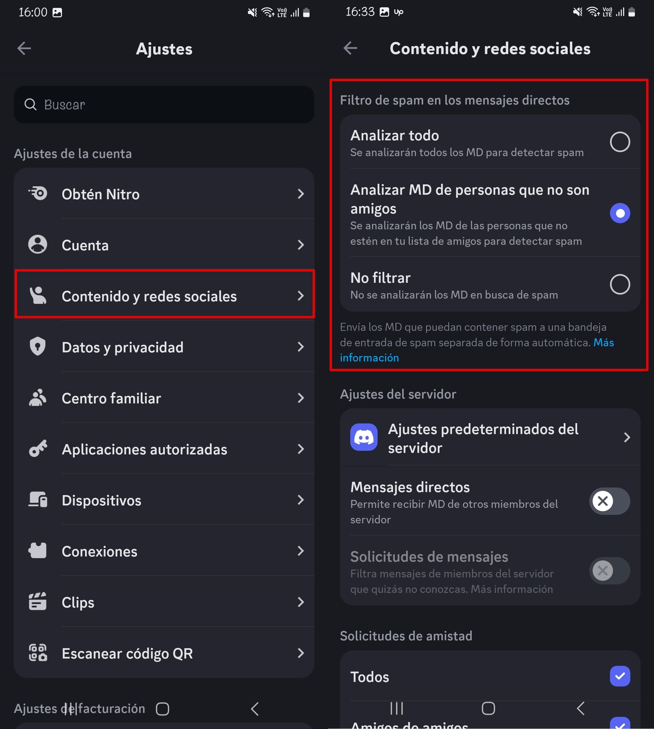 Contenido social y Seguridad en Discord opciones para filtrar spam en mensajes directos, configuración de privacidad del servidor por defecto y compartir estados de actividad