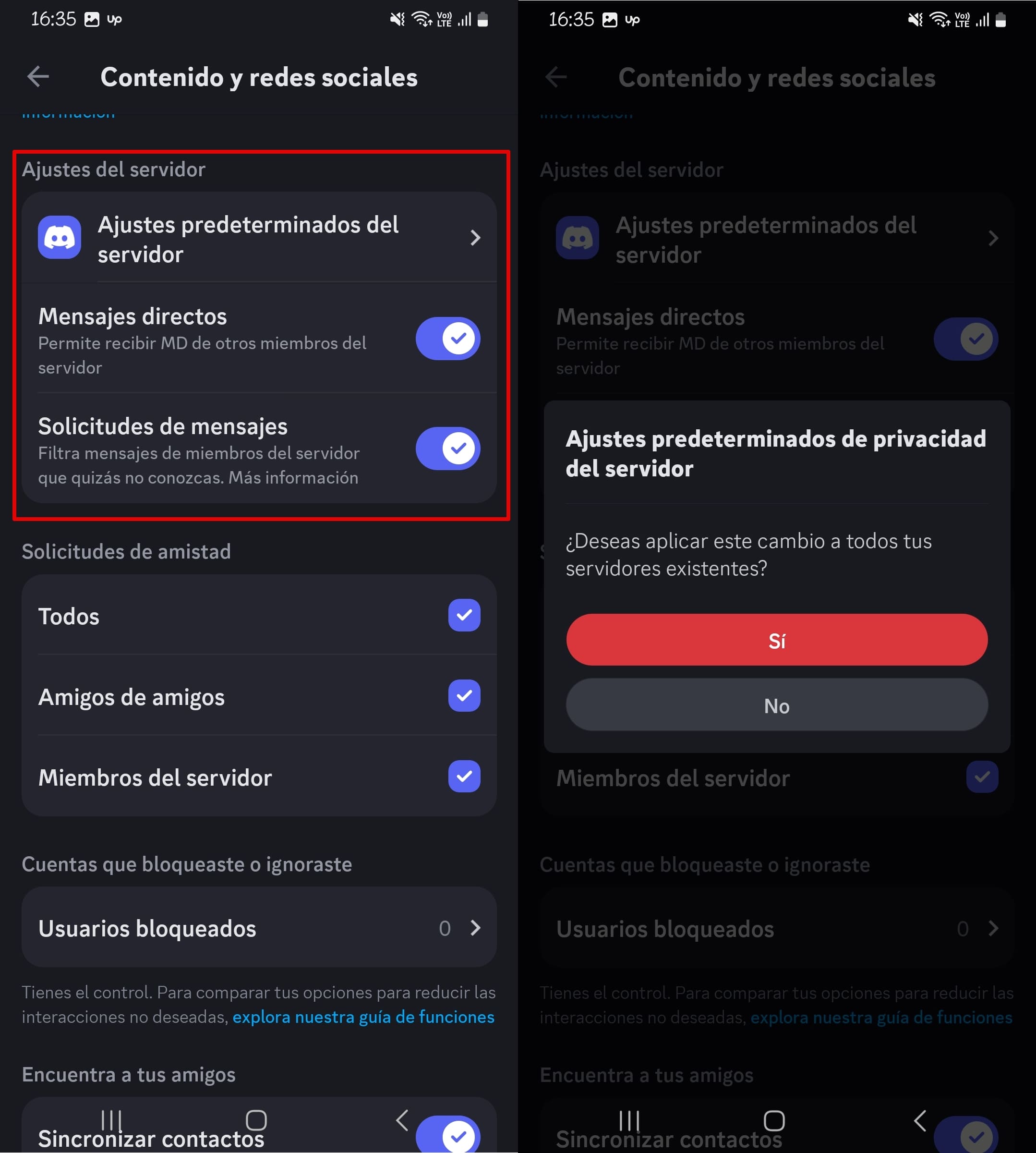 Configuración predeterminada de privacidad del servidor en Discord que permite a los usuarios activar o desactivar los mensajes directos de los miembros del servidor y aplicar los cambios a todos los servidores existentes