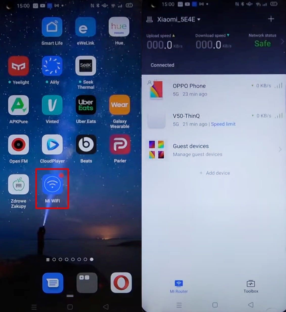 Capturas de pantalla del teléfono móvil que muestran el icono de la aplicación Mi WiFi en la pantalla de inicio y la interfaz de la aplicación que muestra los dispositivos conectados y el estado de la red