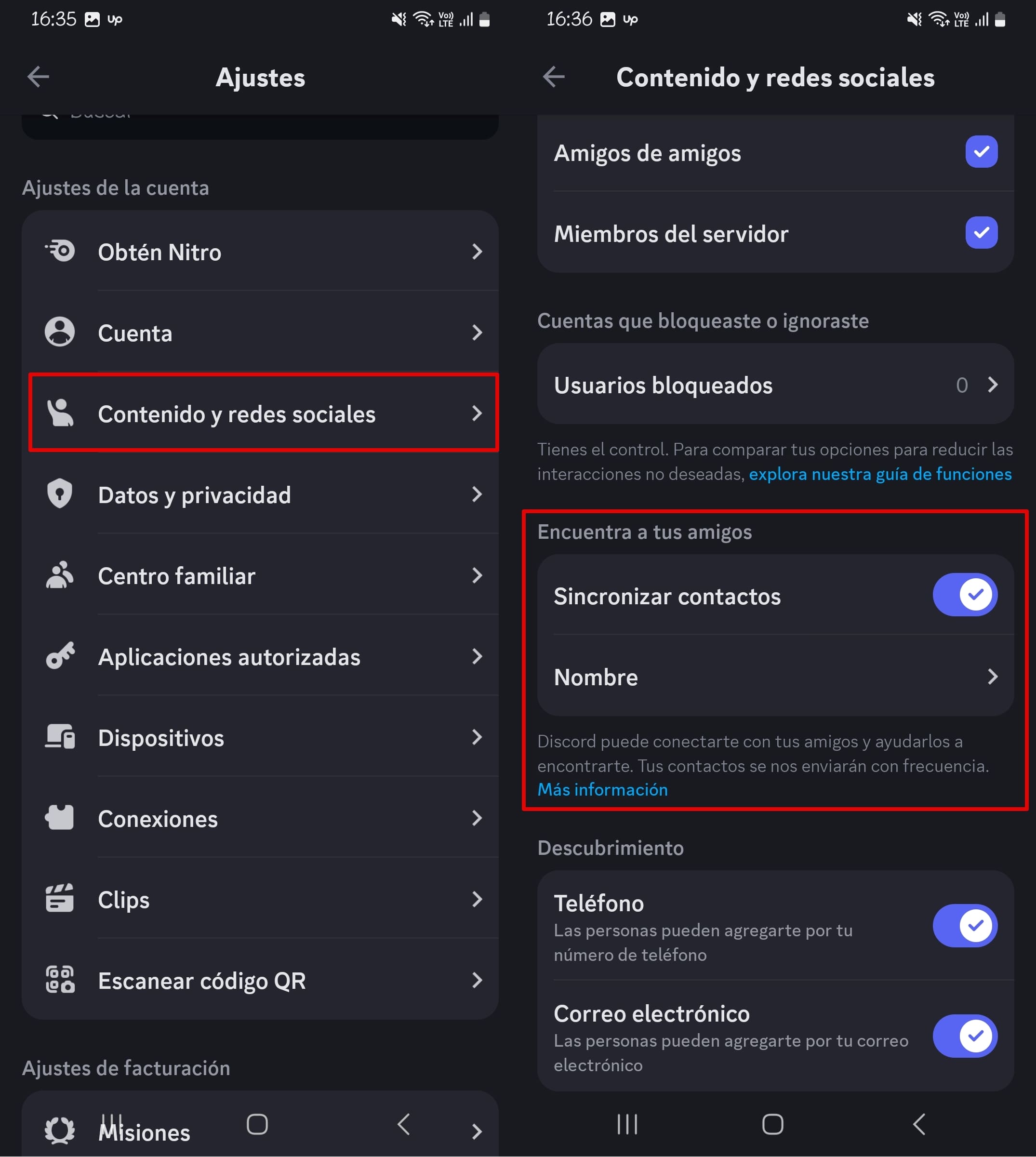 Configuración de Permisos de Descubrimiento en Discord característica para habilitar o deshabilitar la capacidad (sincronizar contactos para sincronizar contactos para convertirlo)