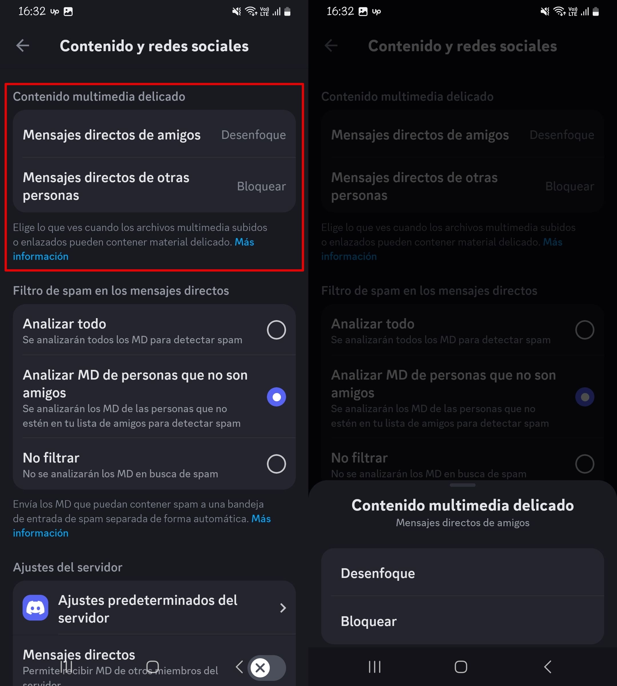 Configuración de contenido y social en Discord, opciones para tratar la información sensible, gestión de la configuración, elección de una acción de difuminar o bloquear