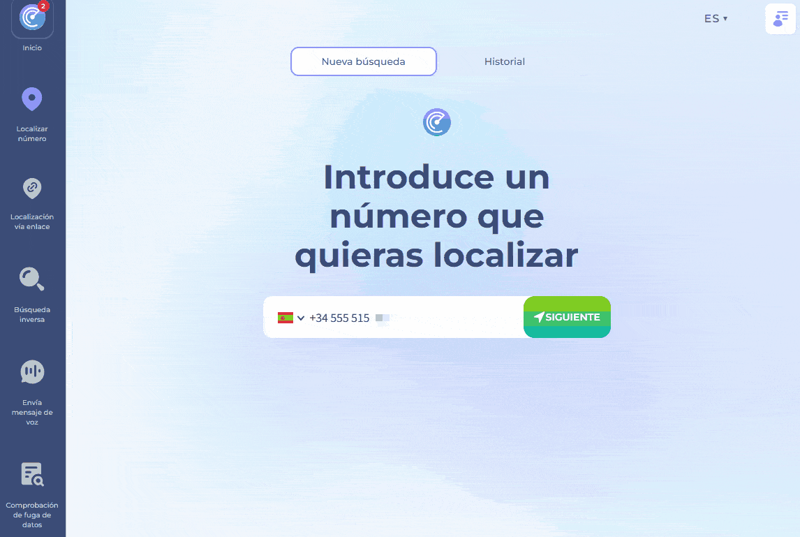 Para utilizar la función de localización por número, introduzca un número de teléfono, seleccione un mensaje o escriba uno propio y envíelo. Cuando el destinatario abra el mensaje, verá la ubicación en el mapa. Demostración en formato gif.