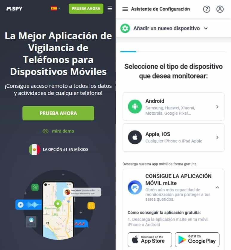 Captura de pantalla de la página de inicio del sitio web de mSpy y la selección de un teléfono de destino (android o apple-ios)