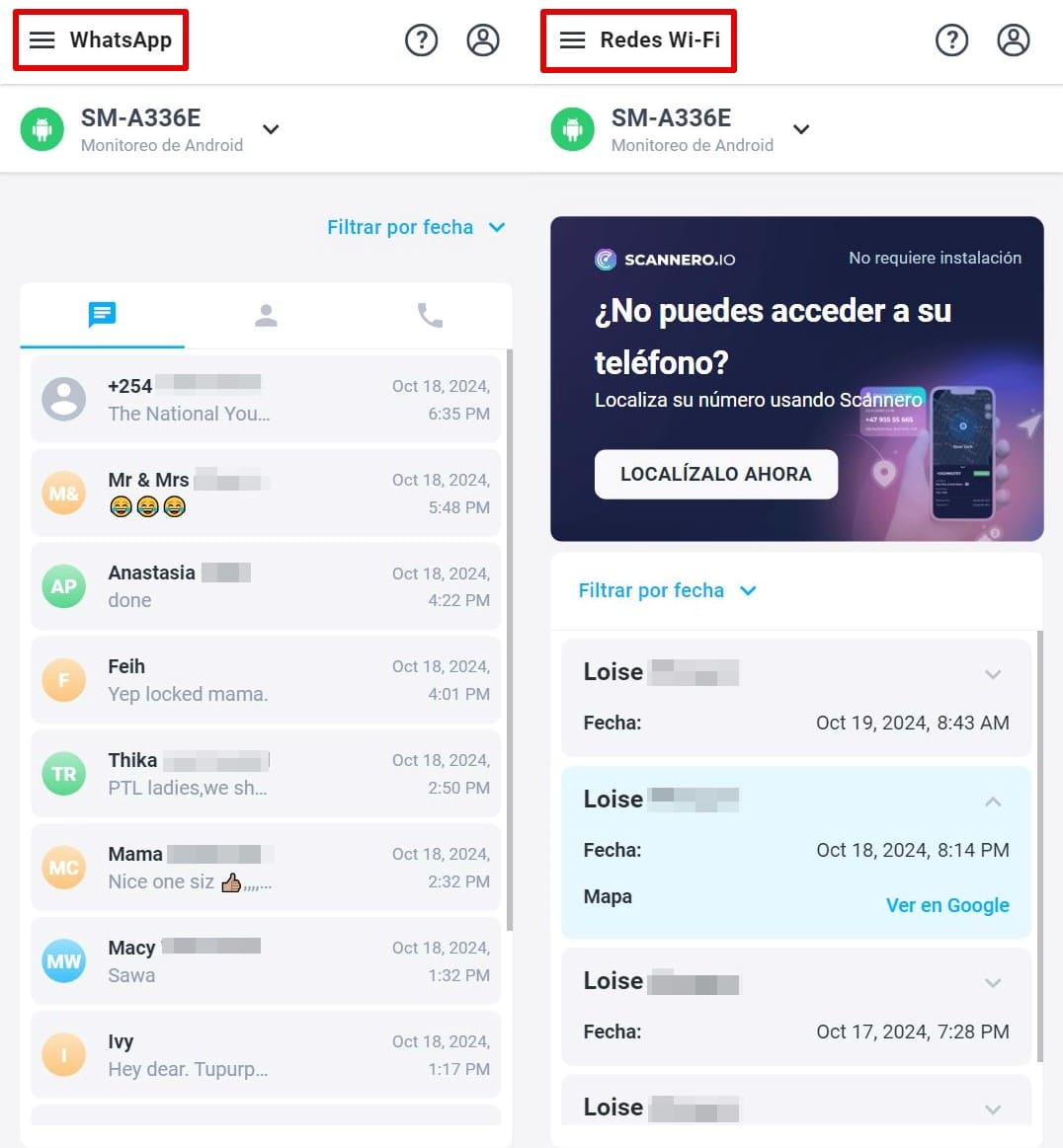 Mostrar todos los mensajes en la pestaña WhatsApp, Redes wi-fi muestra una lista de conexiones wi-fi y geolocalización