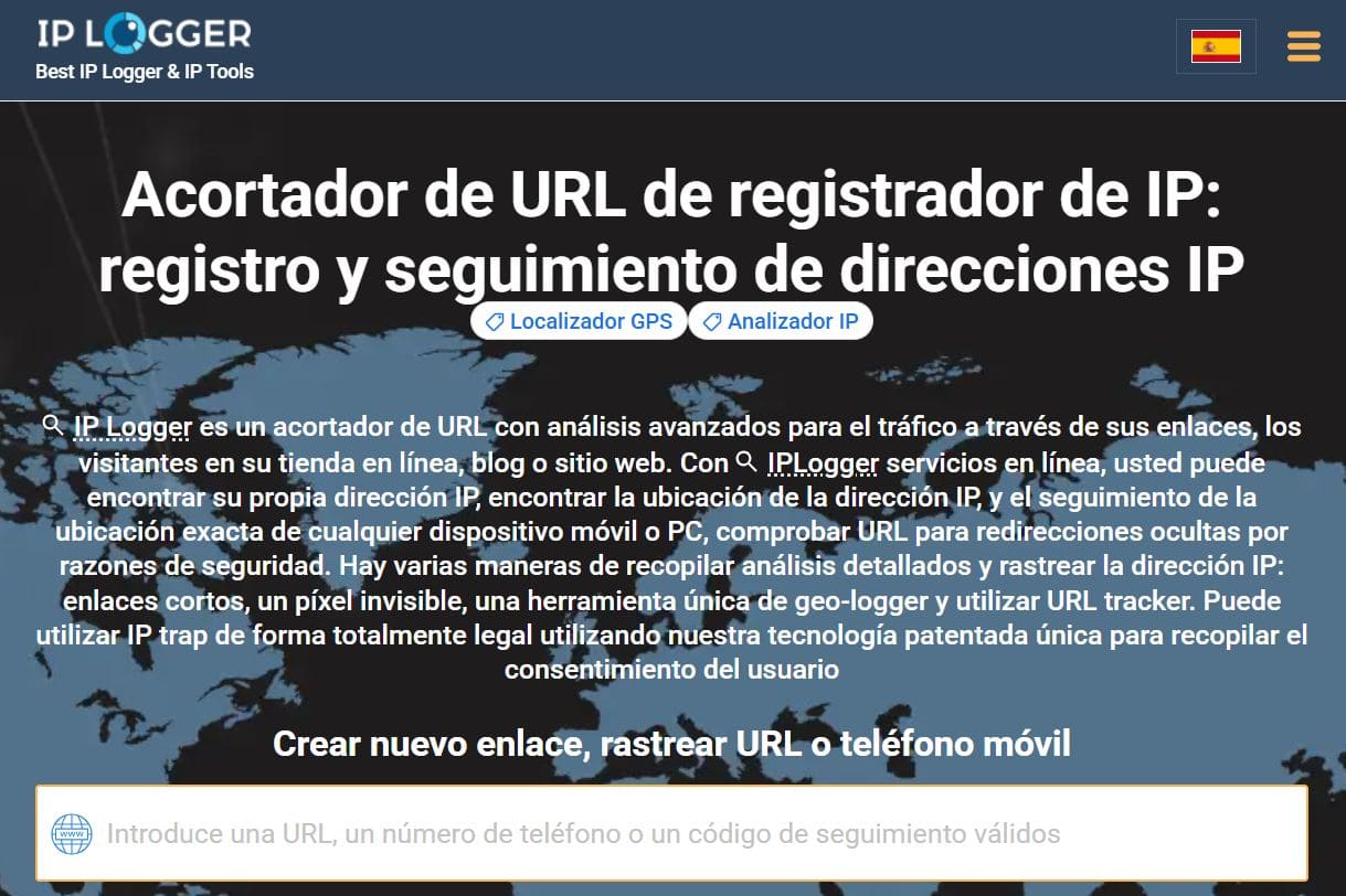 Vista de la página principal del sitio web de iplogger
