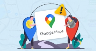 problema del uso compartido de la ubicación de google maps que no se actualiza ilustrado con iconos de geolocalización, el logotipo de Google Maps y una señal de atención