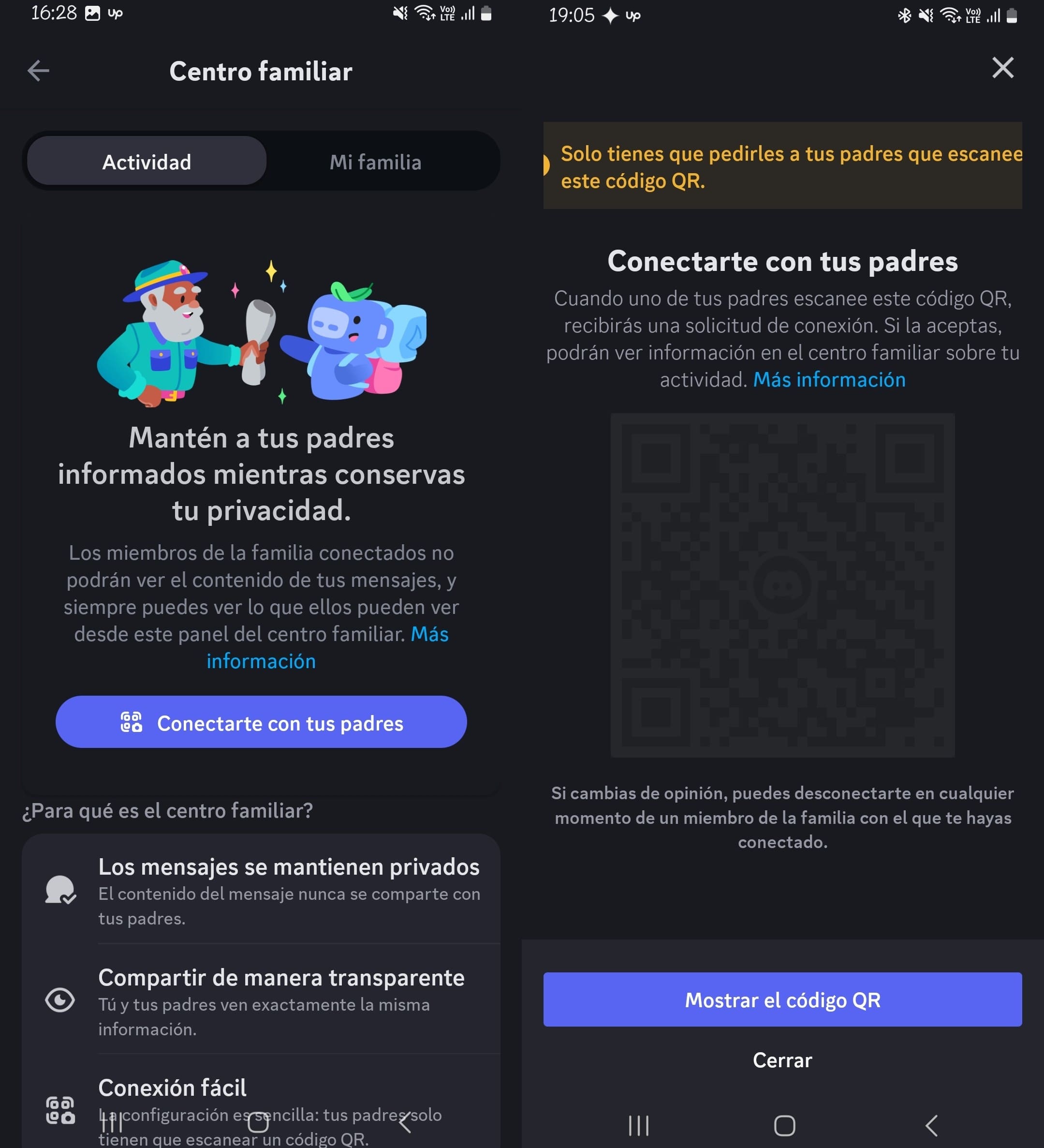 Centro Familiar en Discord, conectando la cuenta del adolescente a la cuenta de los padres haciendo clic en el botón Revelar Código QR