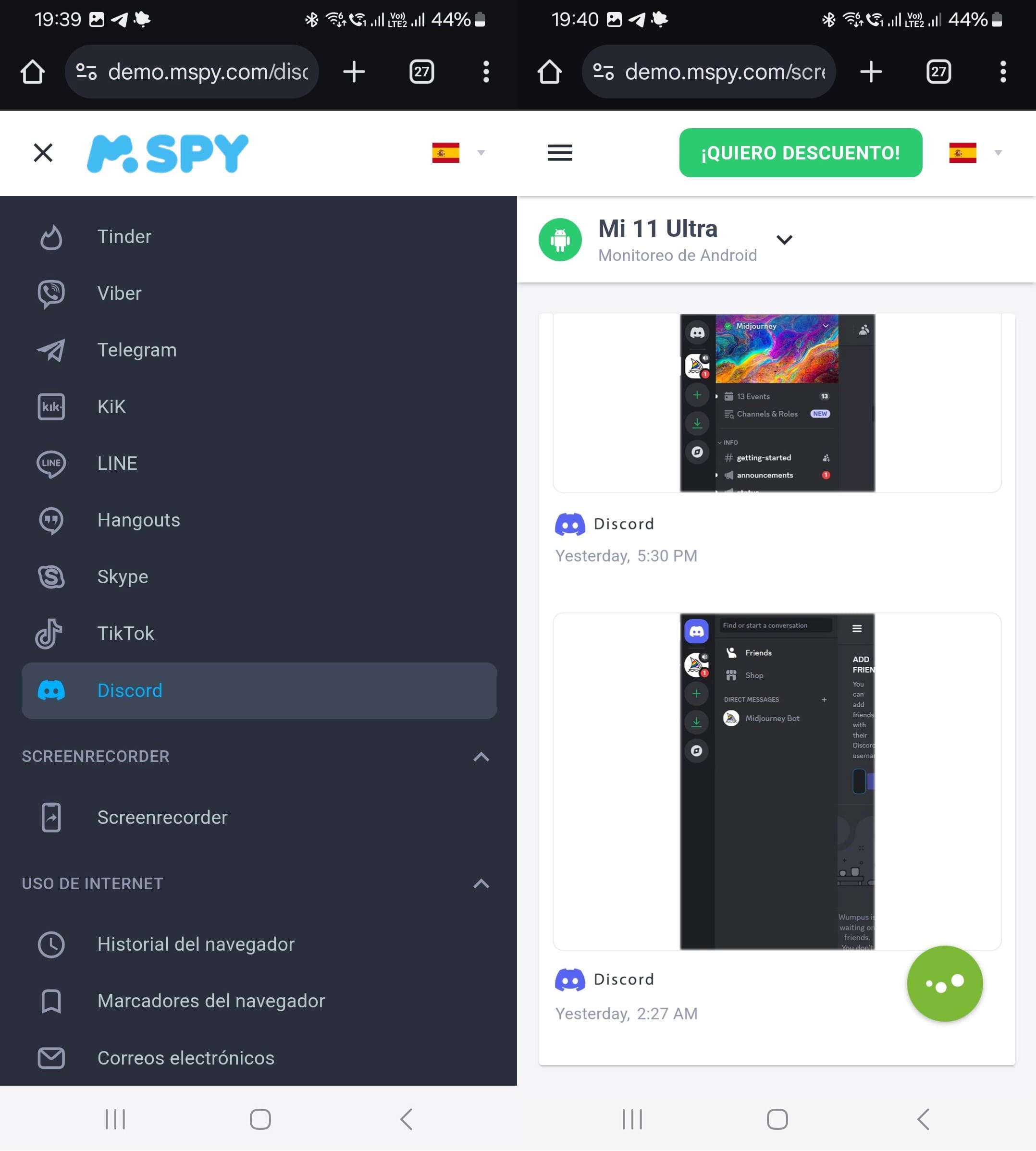 Captura de pantalla del panel de control de mSpy que muestra la actividad de Discord