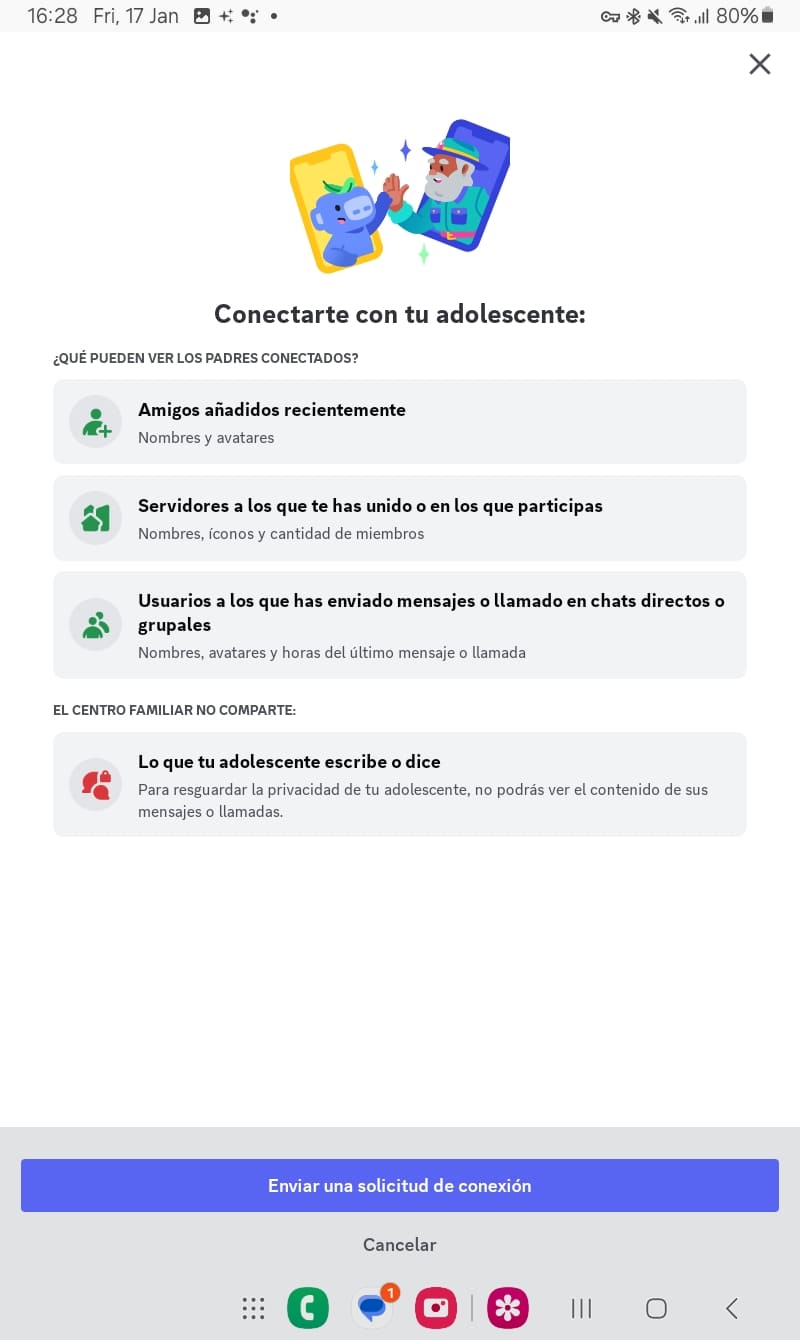 Centro Familiar de Discord en el dispositivo de los padres, mostrando una solicitud para enviar una conexión al dispositivo de su hijo adolescente, incluyendo datos como el número de mensajes de los usuarios, el número de servidores conectados y otras métricas de actividad