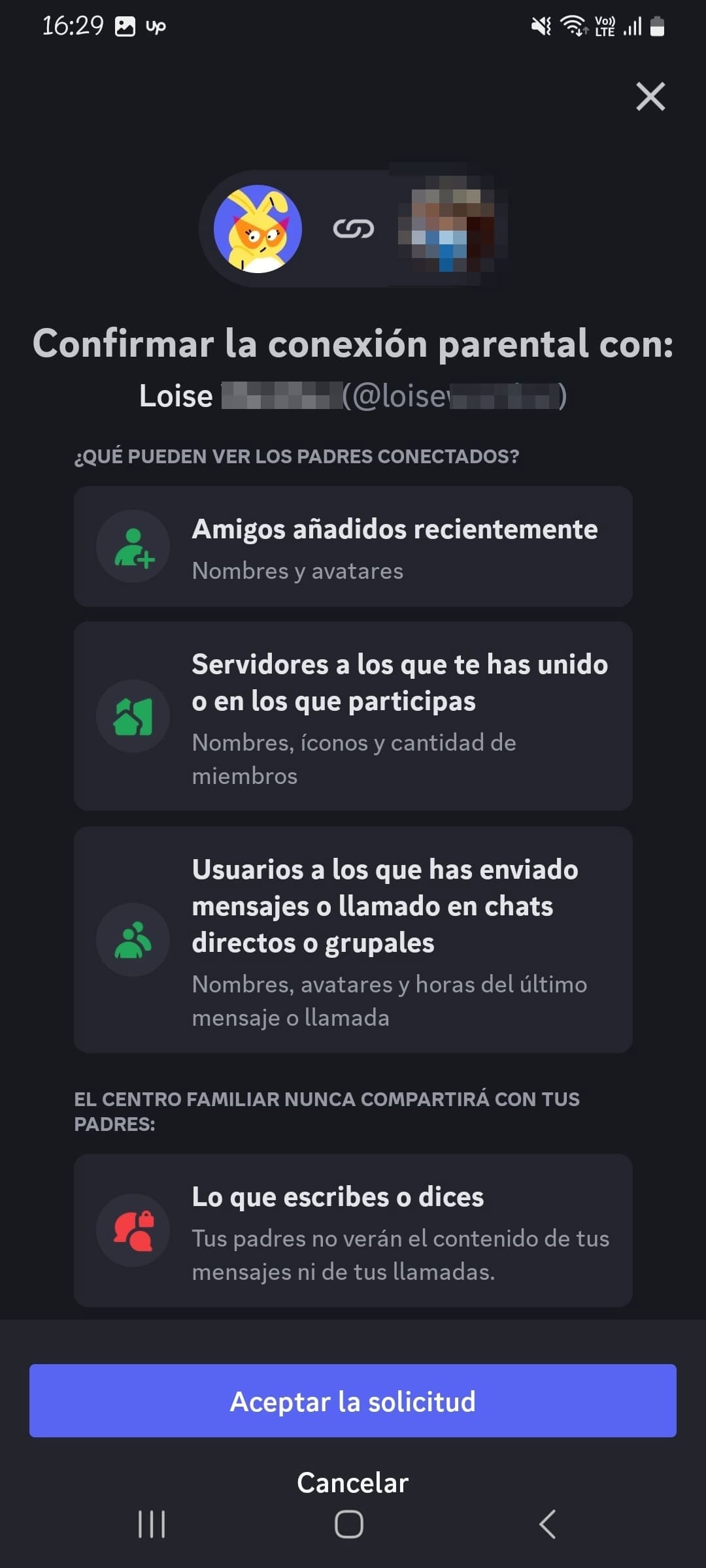 Pantalla de confirmación para conectar la cuenta de los padres a la cuenta del adolescente, indicando qué información se compartirá en el Centro Familiar Discord