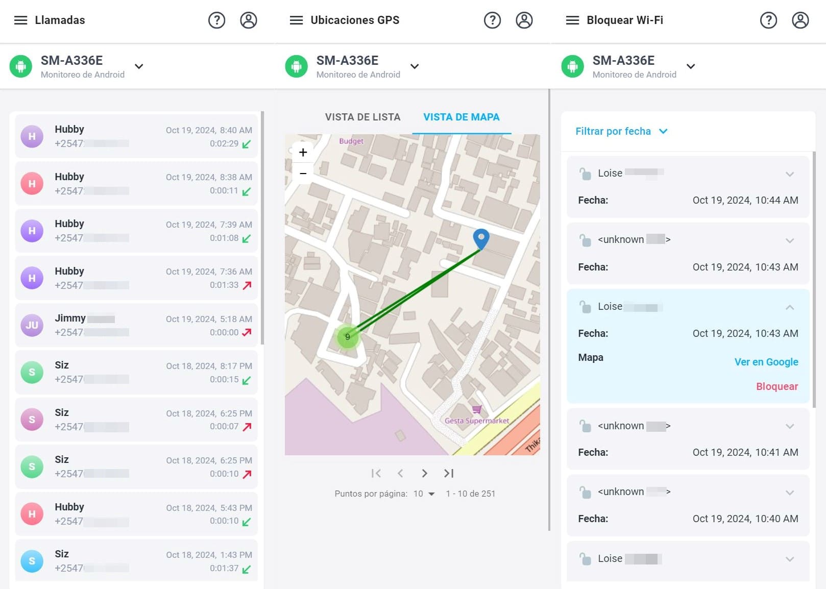 Interfaz del panel de control de mSpy, visualización del registro de llamadas, seguimiento de la ubicación GPS con vista de mapa y detalles de la conexión Wi-Fi
