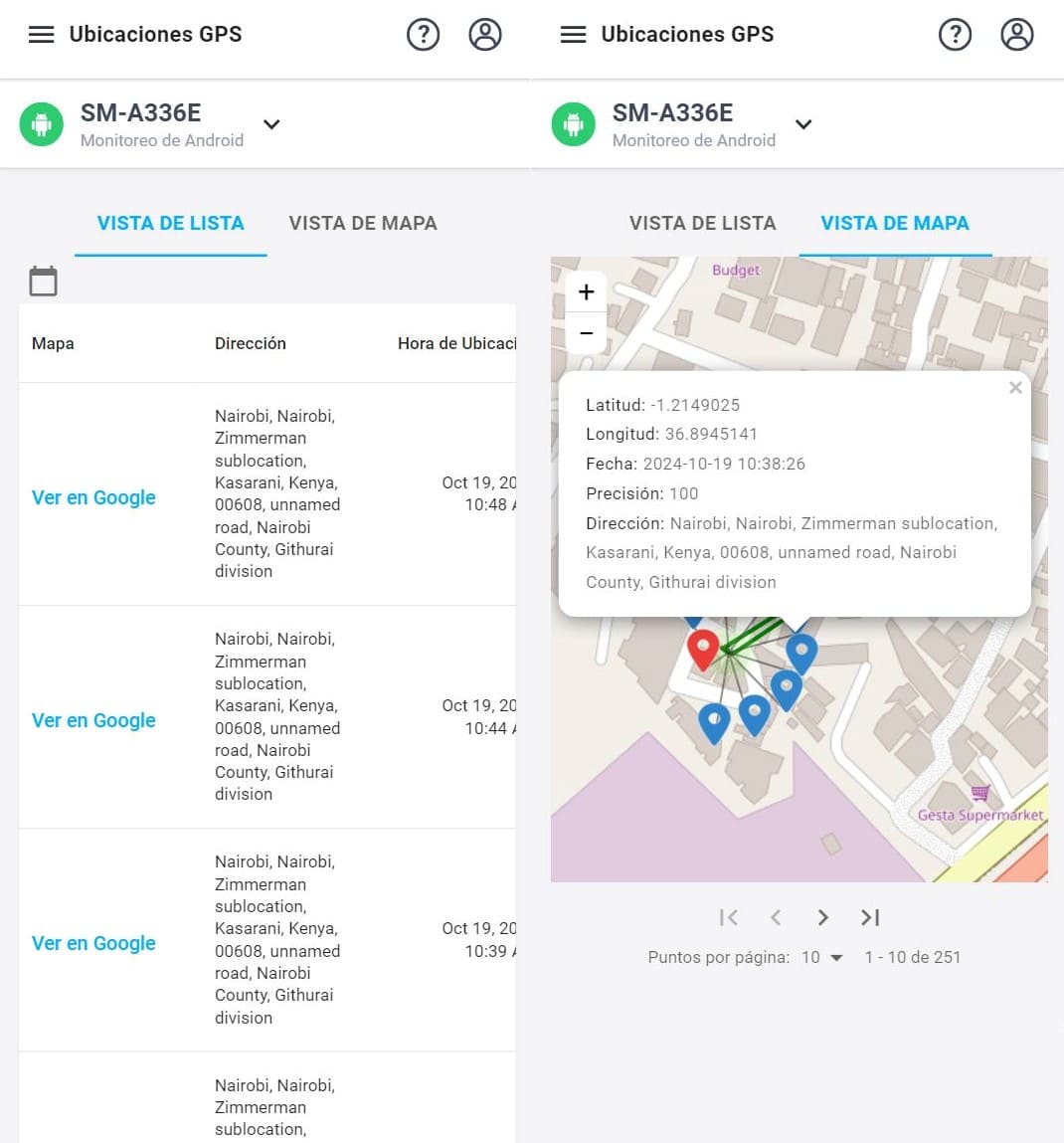 Una lista de visitas recientes con coordenadas y dirección, así como un punto en el mapa