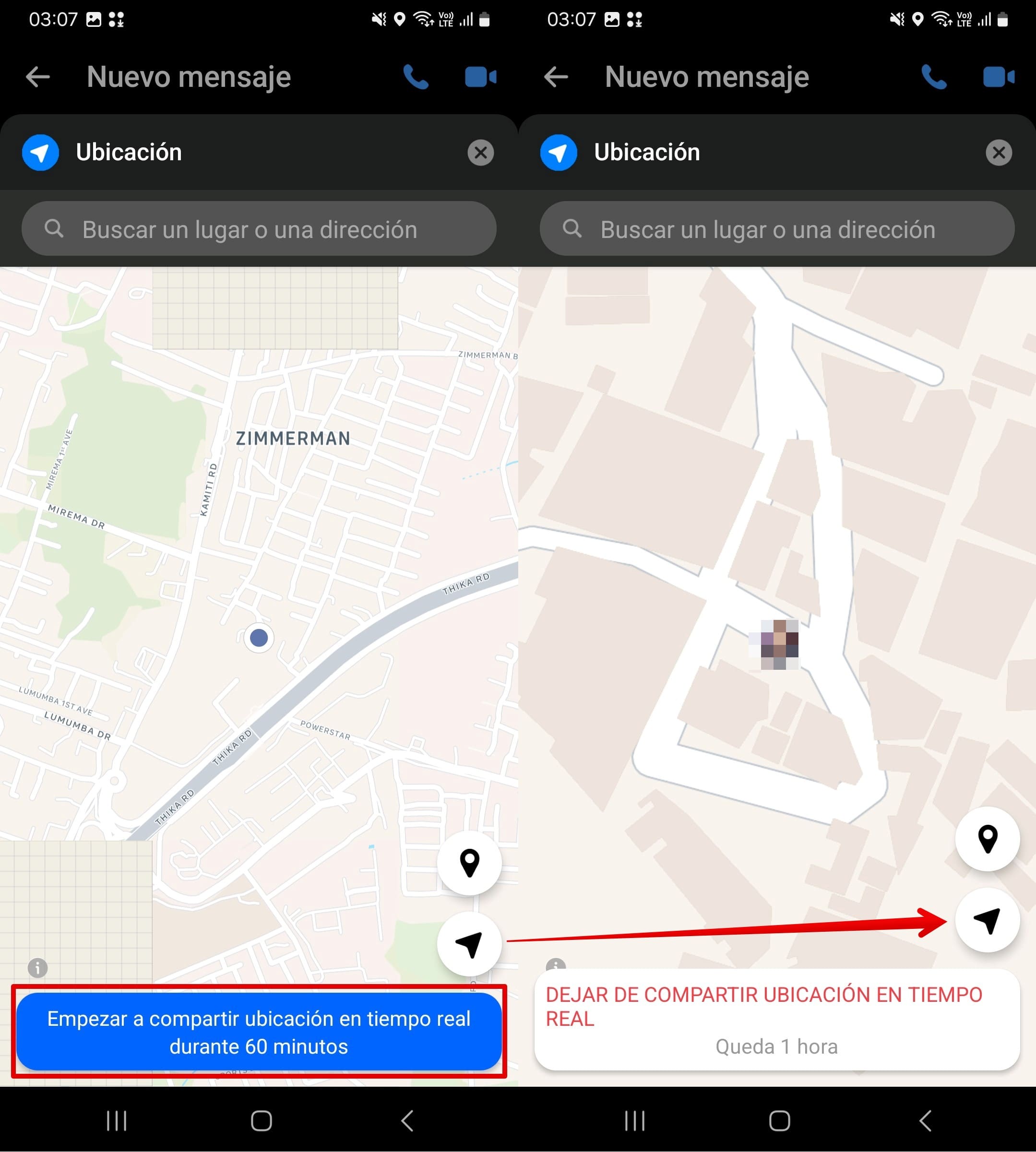 Сlic para empezar a compartir la ubicación en vivo o detener.