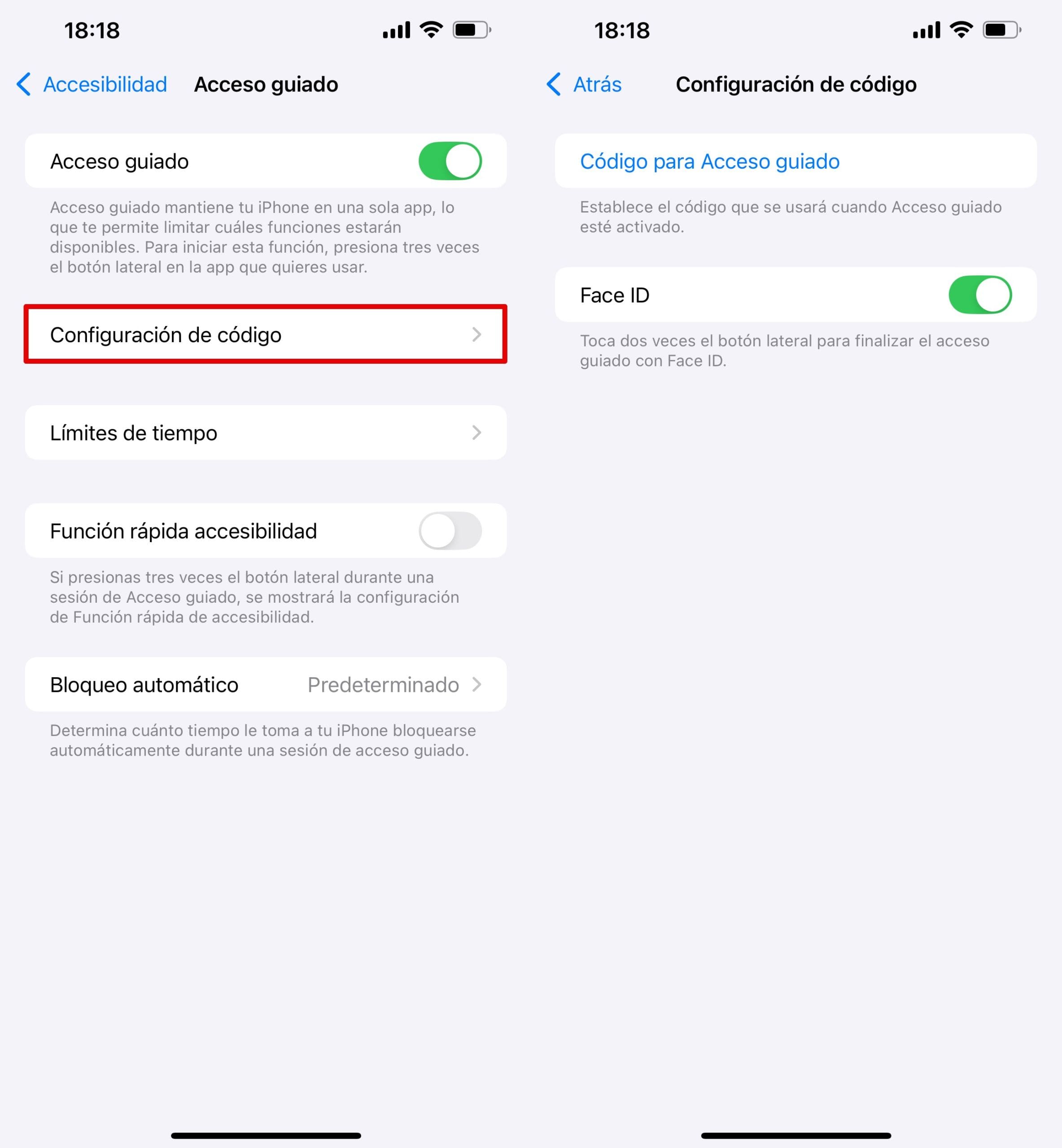 Ve a Acceso guiado - Ajustes del código de acceso y selecciona establecer una contraseña, Face ID o Touch ID