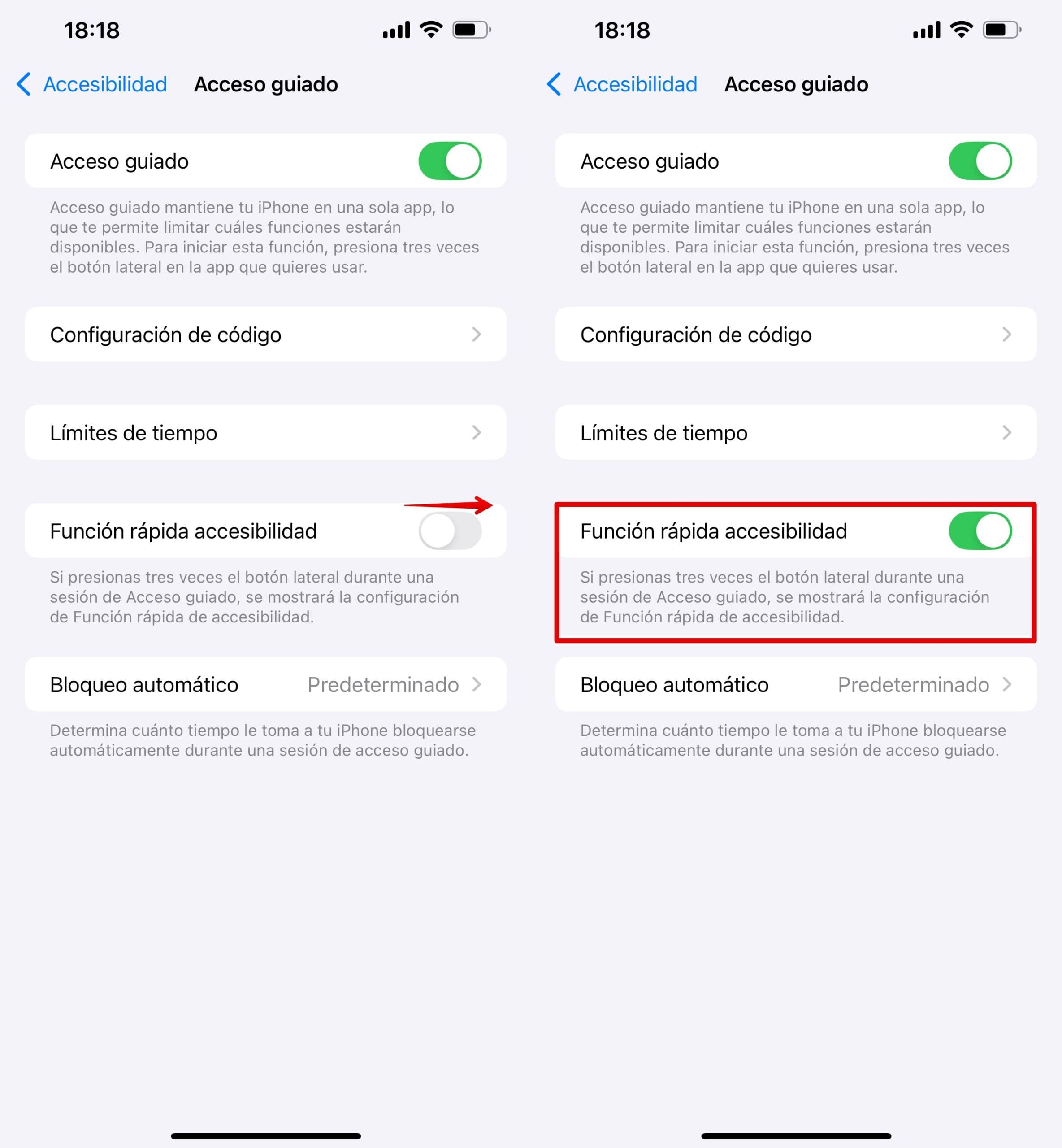 Para activar el acceso directo de accesibilidad, gire el control deslizante a la posición verde
