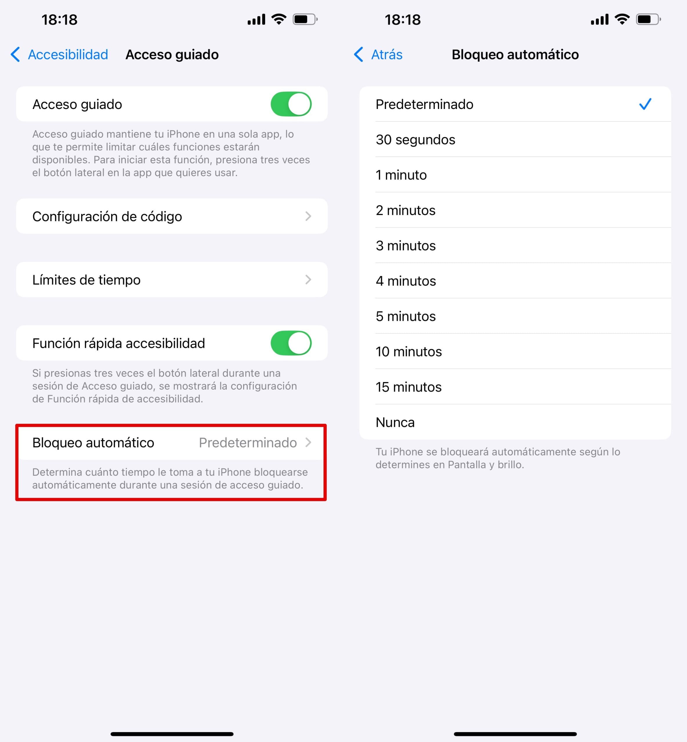 Vaya a Acceso guiado - Mostrar configuración de bloqueo automático y seleccione la duración deseada