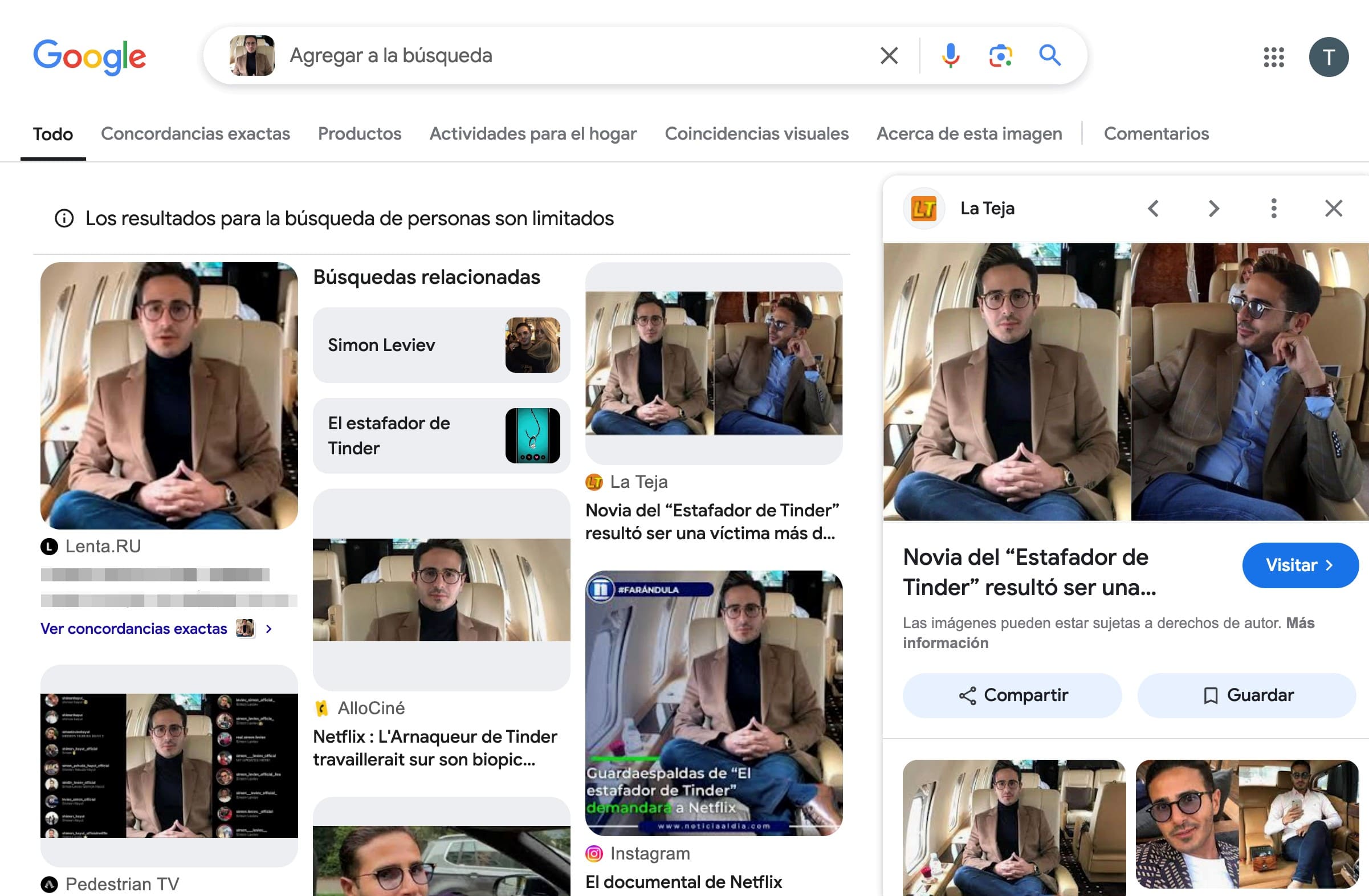 Búsqueda inversa de imágenes en Google mostrando resultados con una cara famosa.