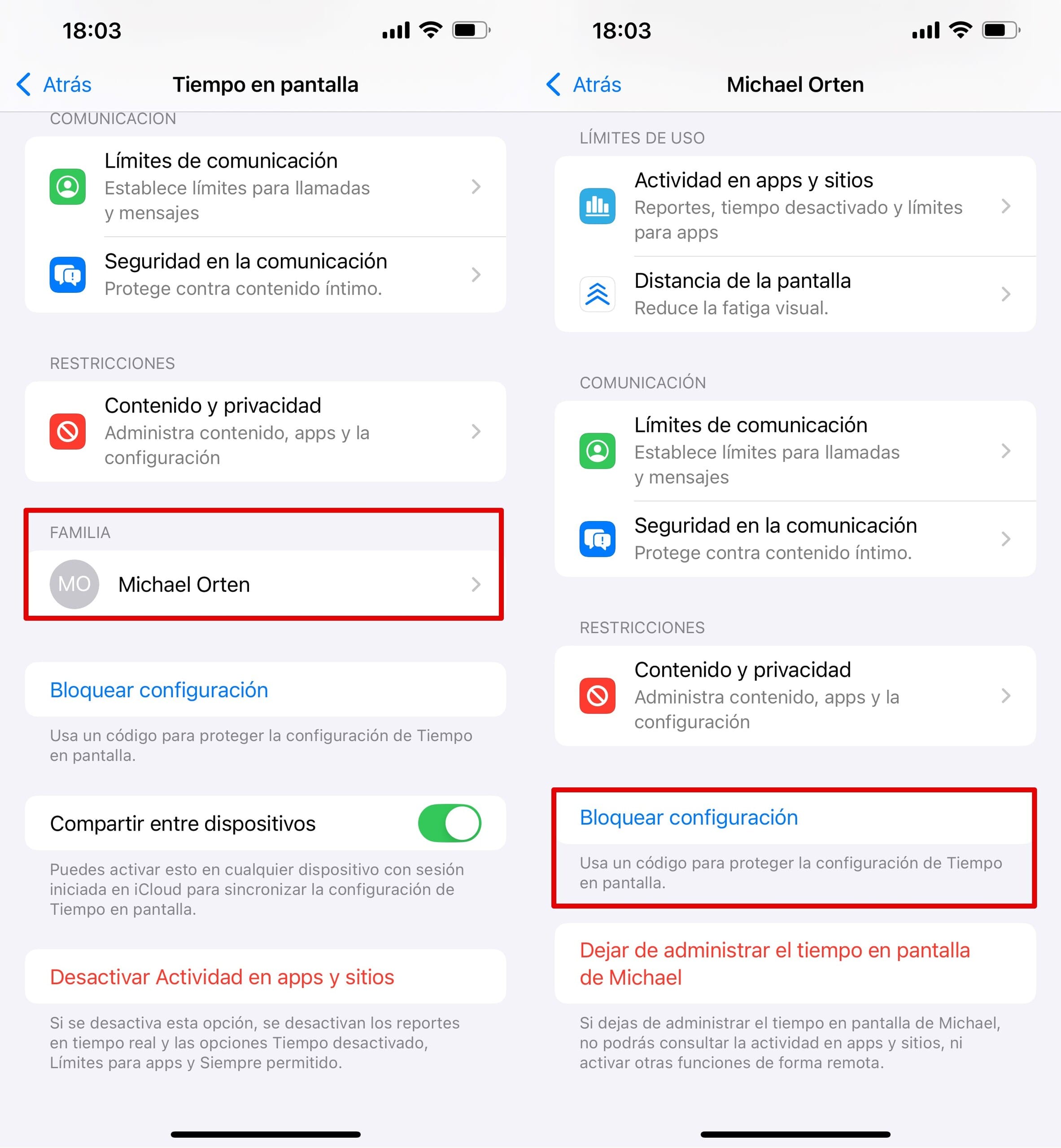 En la configuración del tiempo de pantalla, seleccione la sección de la familia, a continuación, haga clic en Bloquear configuración de tiempo de pantalla en la parte inferior de la página.