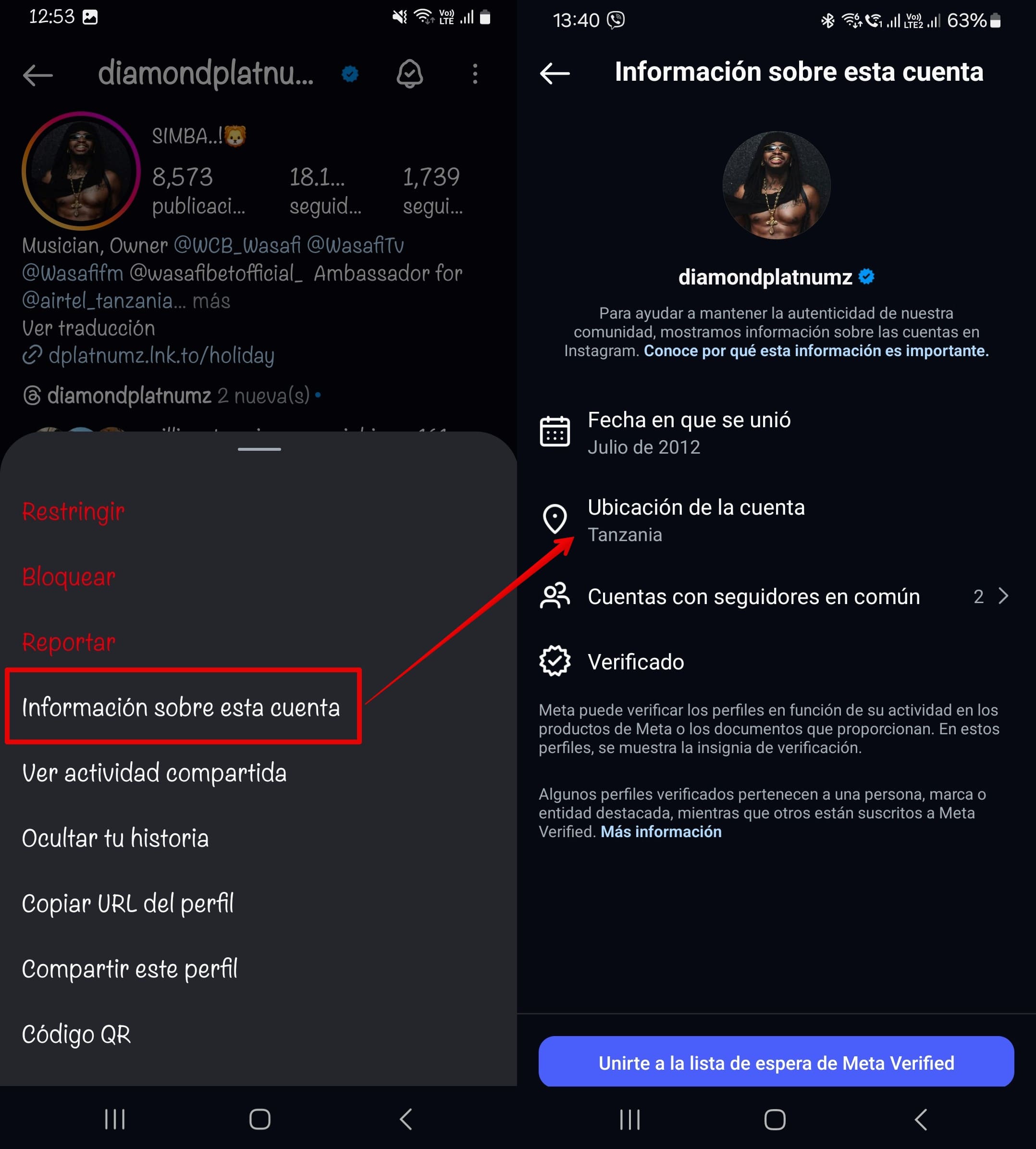 Para ver la ubicación de tu cuenta de Instagram, ve a la información sobre esta cuenta