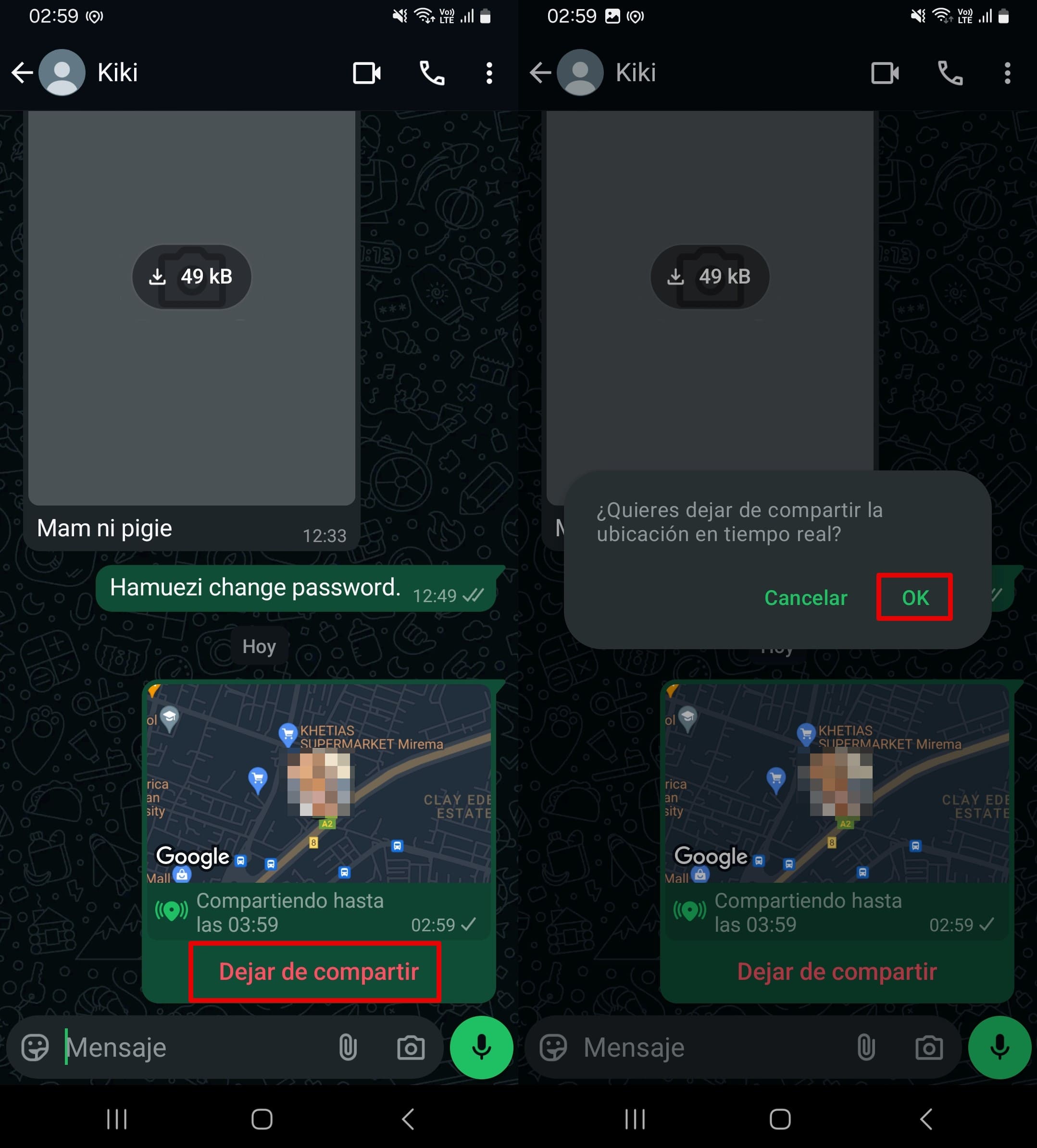 Toca dejar de compartir ubicación para dejar de compartir ubicación en WhatsApp.