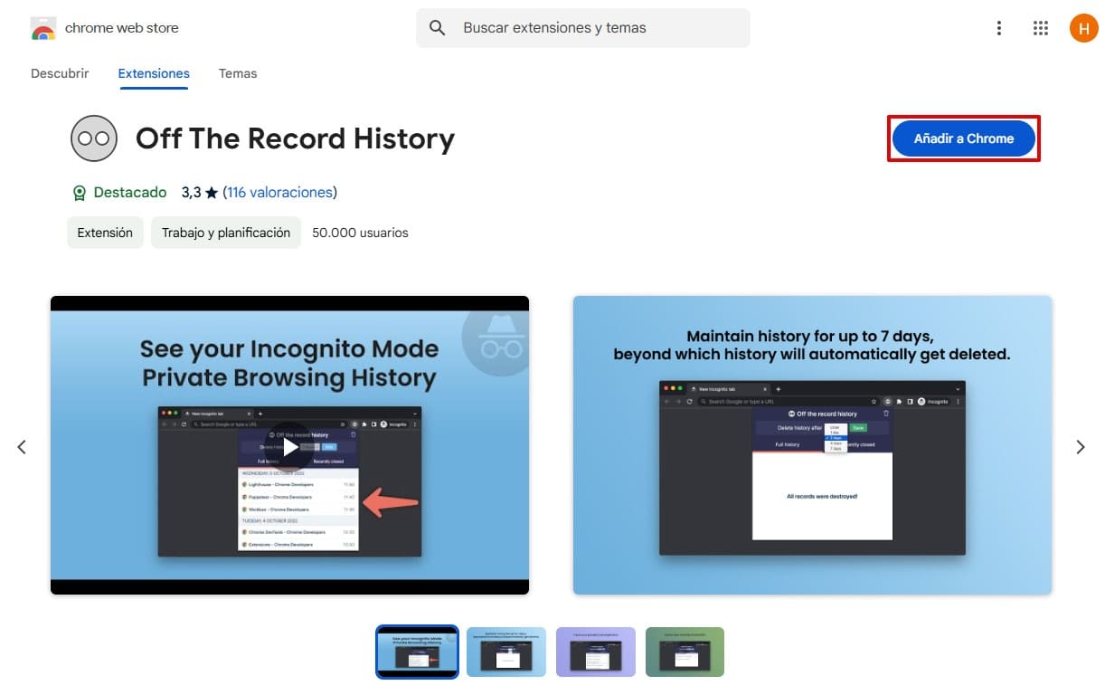 Imagen de la extensión Off the Record History en la tienda web de Chrome