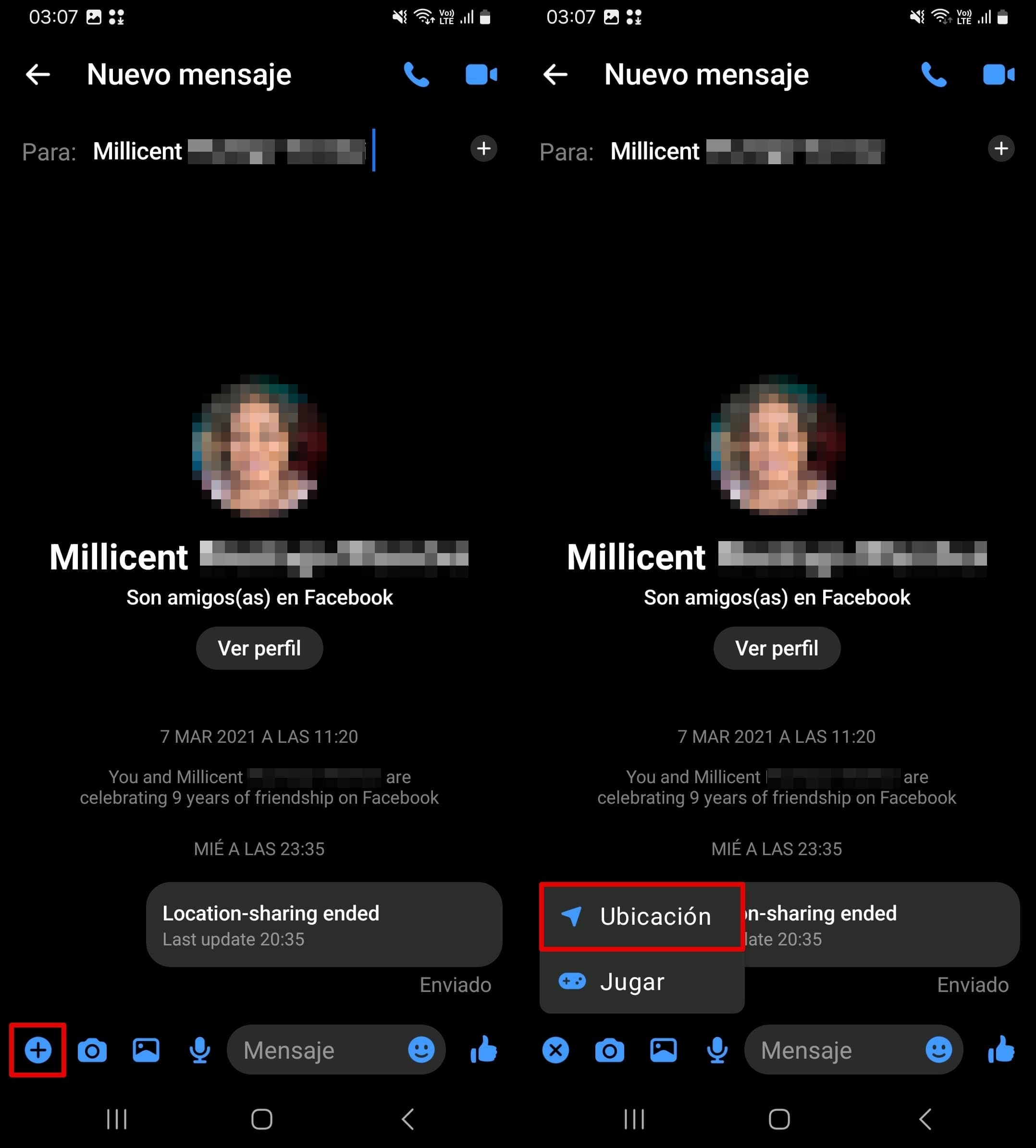 Сlick icono de la pluma - más icono - ubicación en Facebook Messenger.