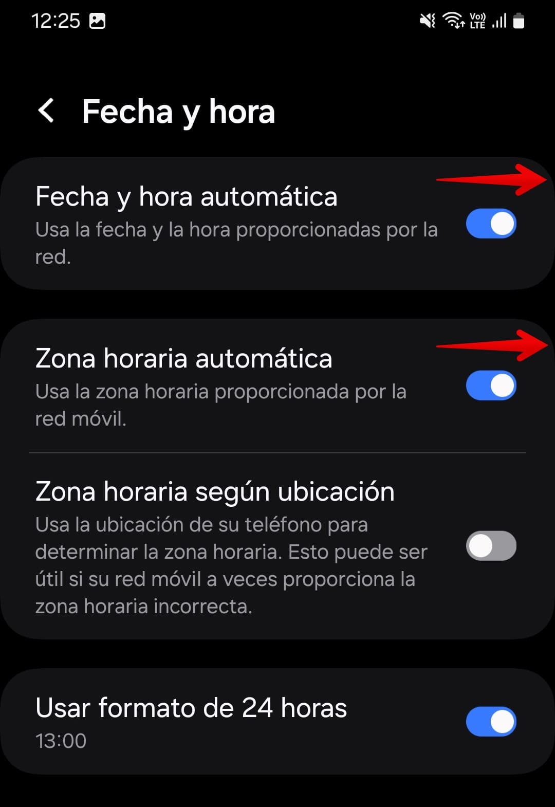Activa los controles deslizantes de fecha y hora automáticas y zona horaria automática.