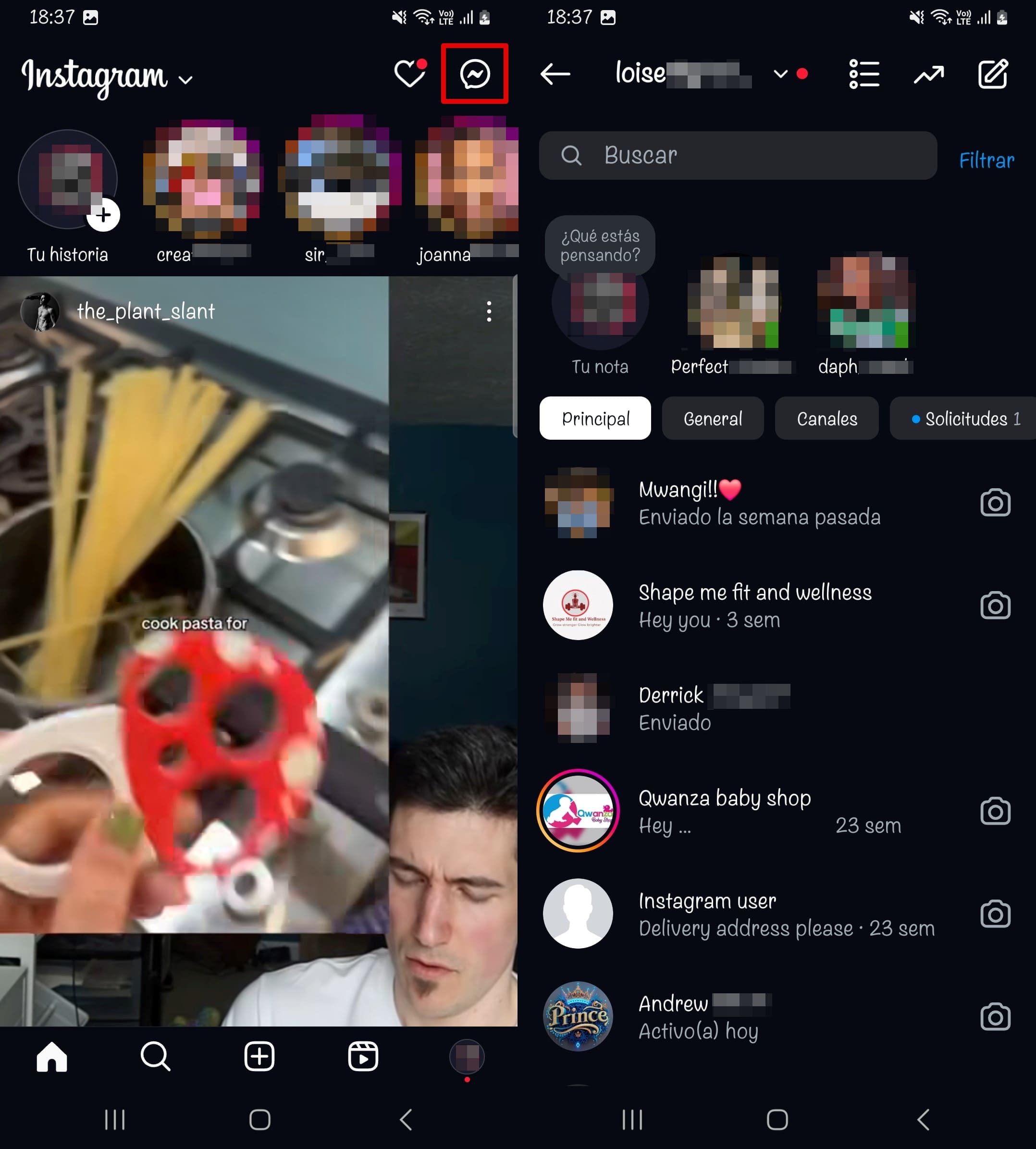 Abre Instagram, haz clic en el icono Mensaje y elige el DM para compartir la ubicación.
