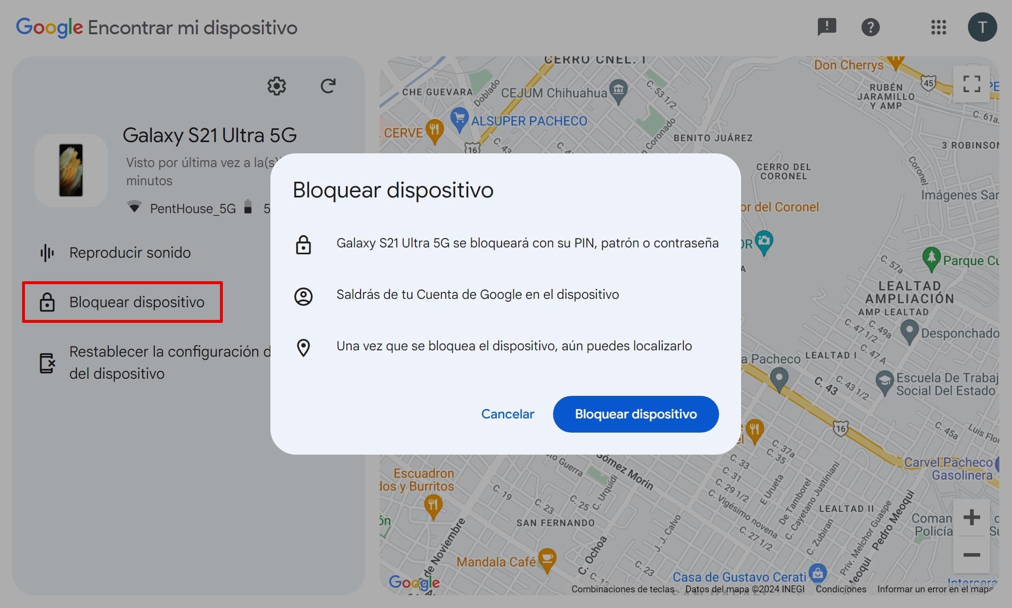 Imagen de la función Bloquear Dispositivo en el mapa de Find My Device