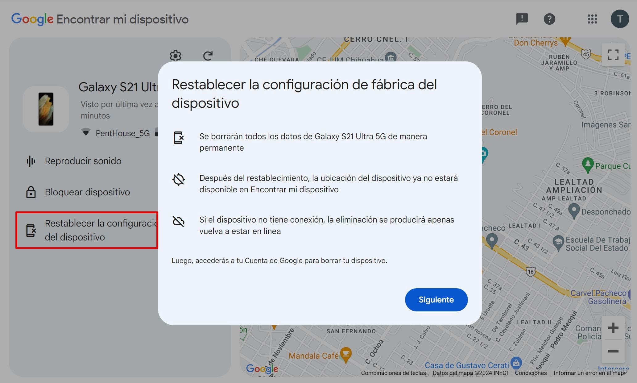 Imagen de la función restablecer la configuracion de fábrica del dispositivo en el mapa de Find My Device
