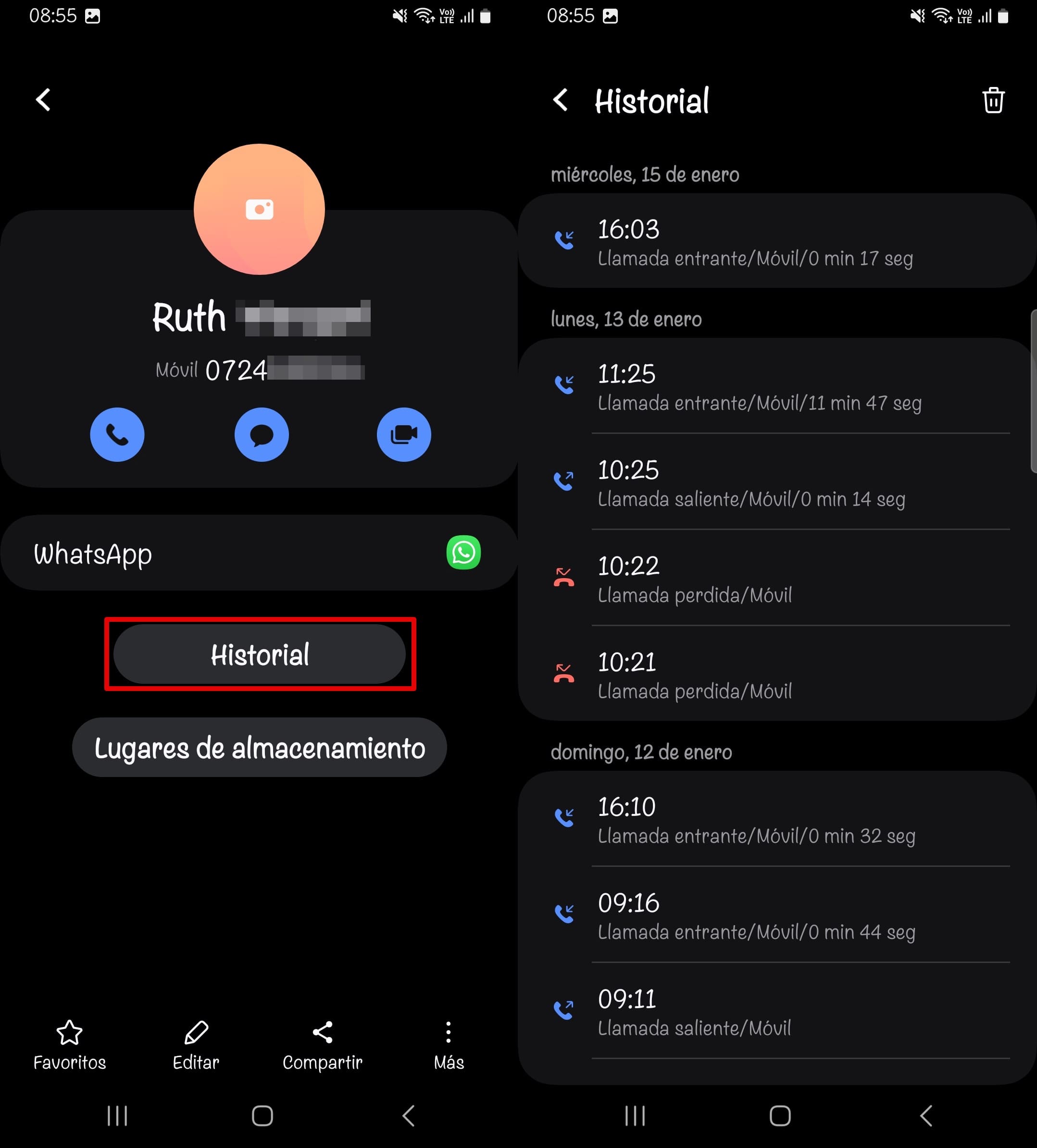 Acceder al historial de llamadas de un único número de teléfono en la aplicación para Android