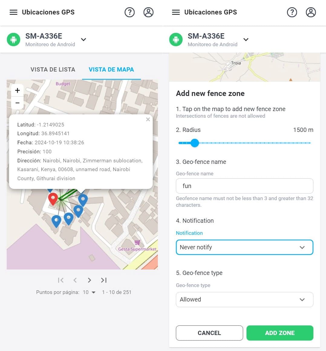 Captura de pantalla de mSpy para el monitoreo de ubicación GPS con geo-cercas en el dispositivo Android