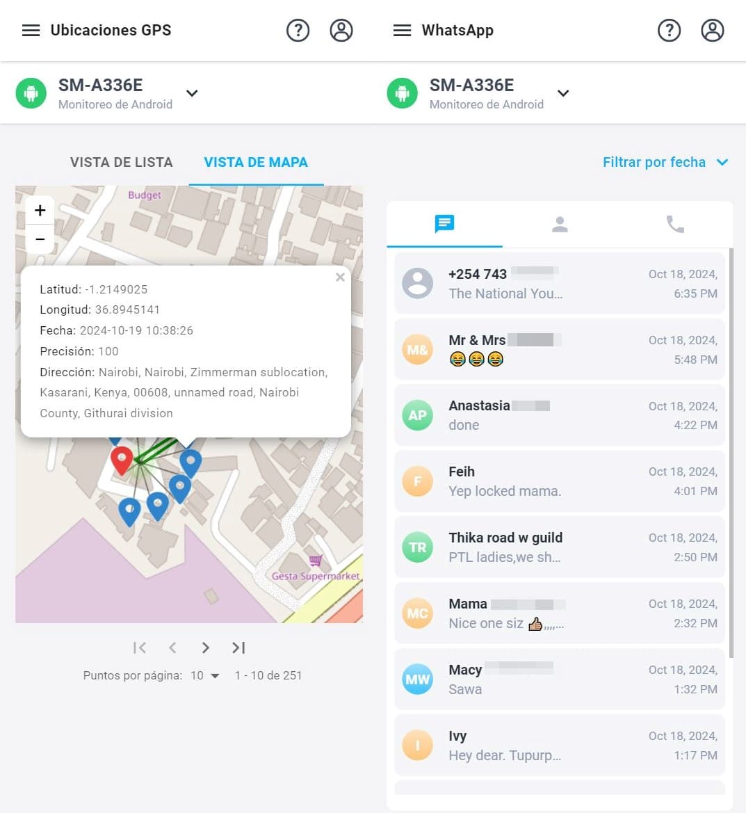Captura de pantalla de mSpy para monitorización de localización GPS y visualización de mensajes de Watsapp.