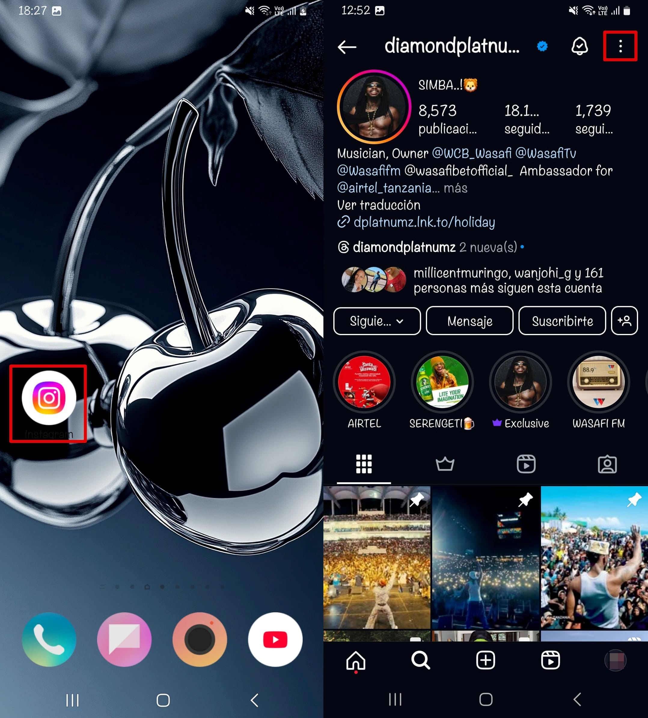Toca el icono de Instagram para abrir la aplicación y busca una cuenta de Instagram tocando la lupa de la parte inferior.