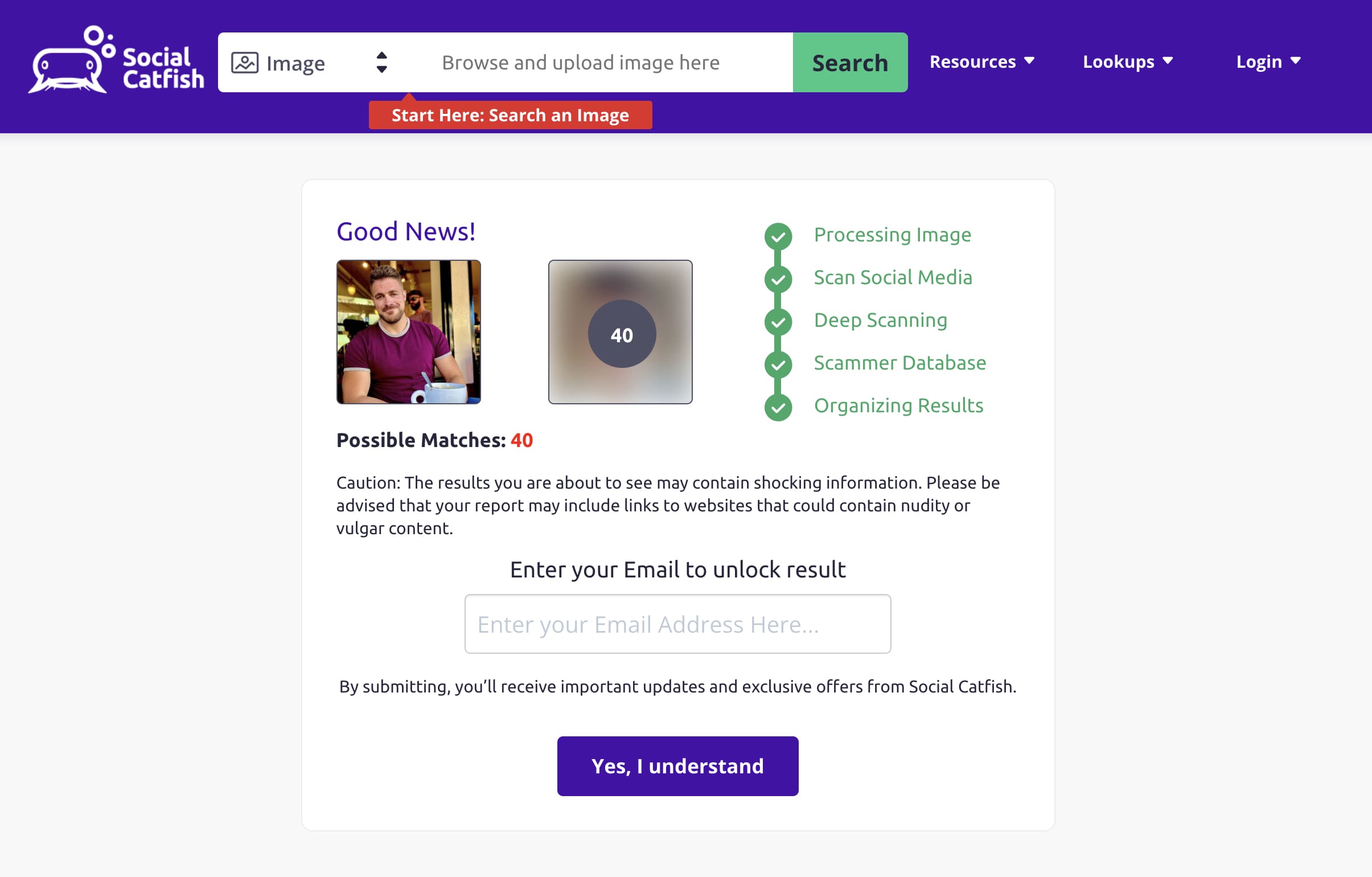 El servicio Social Catfish no mostró resultados sin pago.