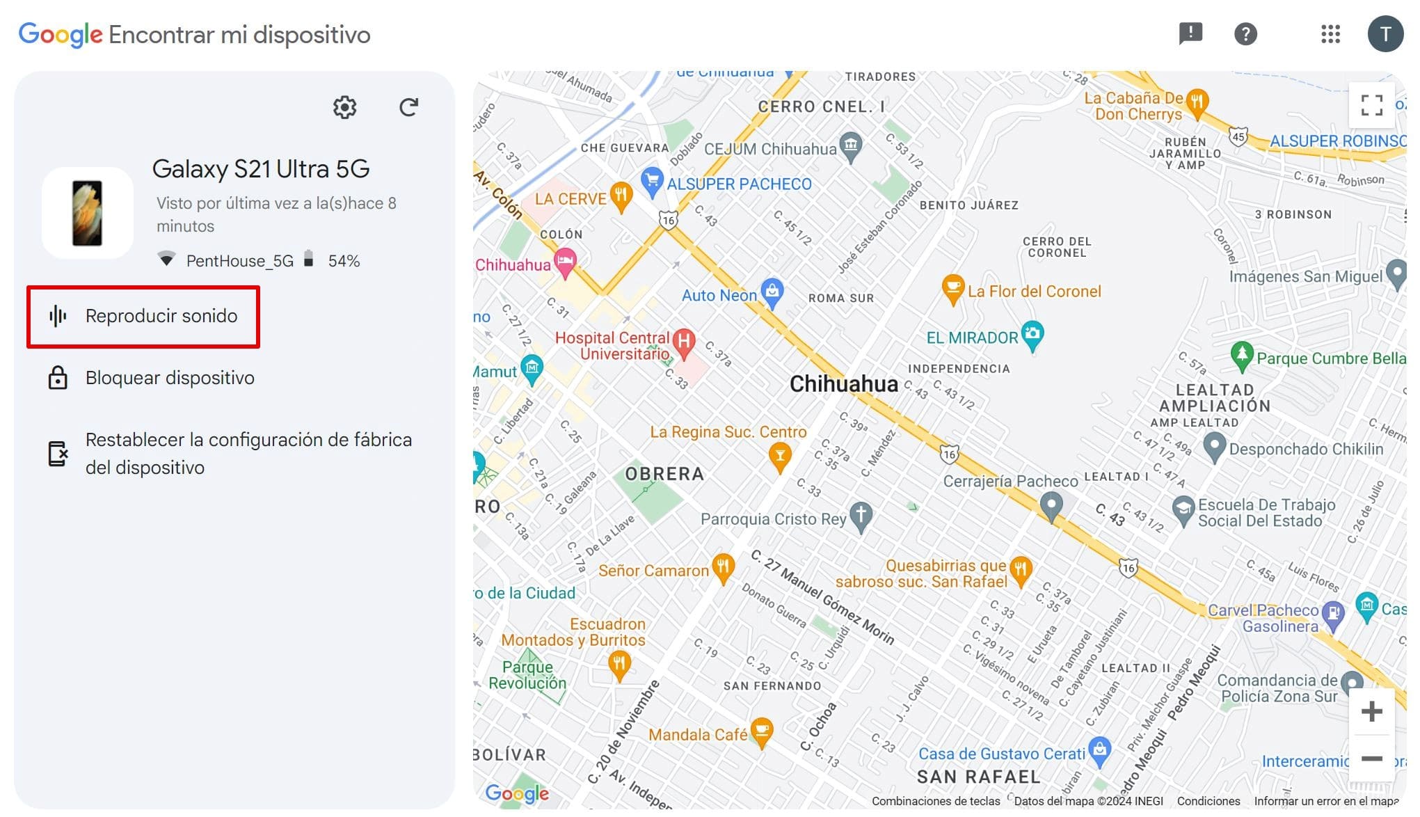 Imagen de la función Reproducir Sonido en el mapa en Buscar mi dispositivo