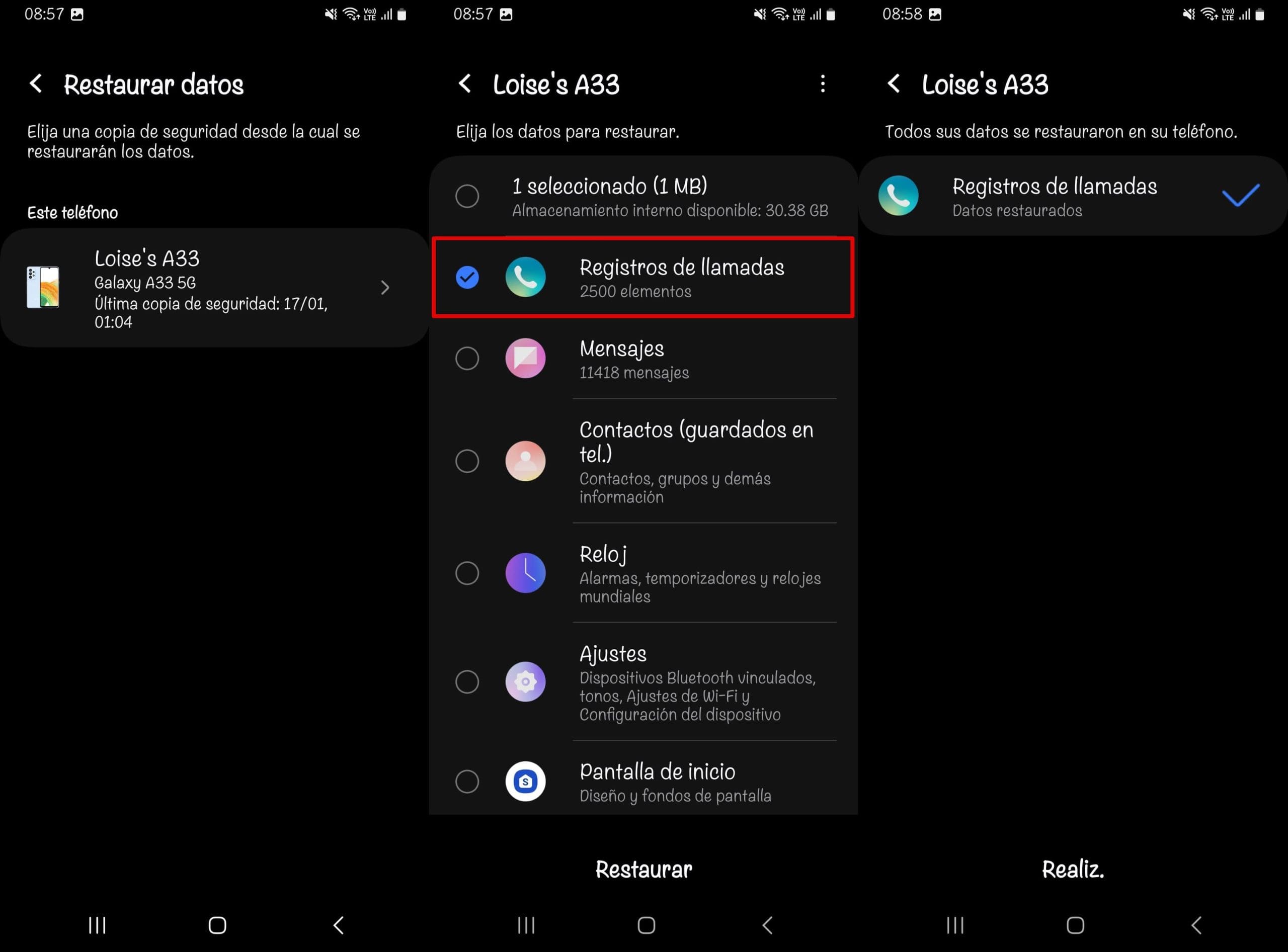 Restaurando registros de llamadas desde un respaldo de Samsung