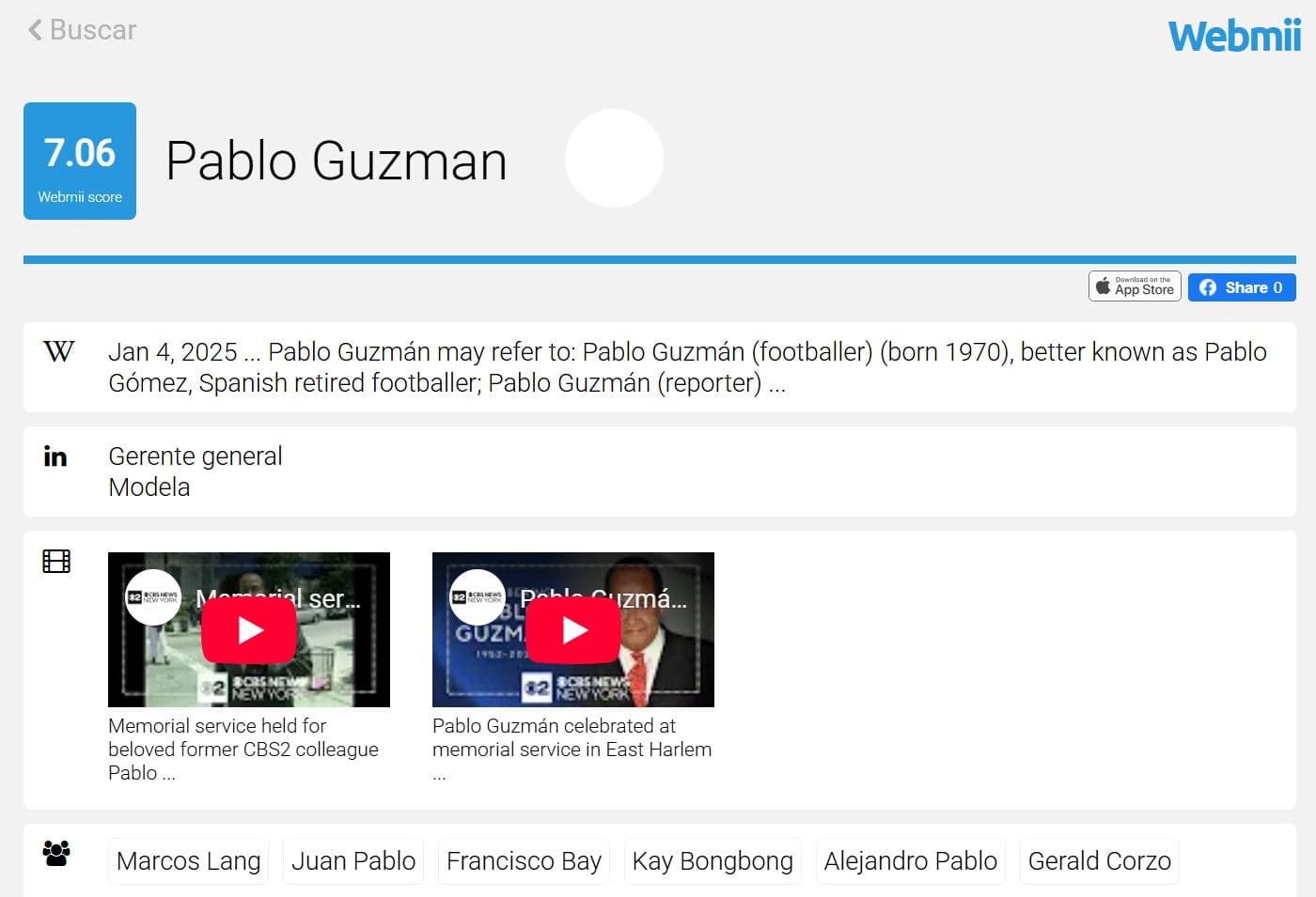 El buscador de personas Webmii muestra resultados con enlaces a Linkedin, Instagram y nombres de personas asociados