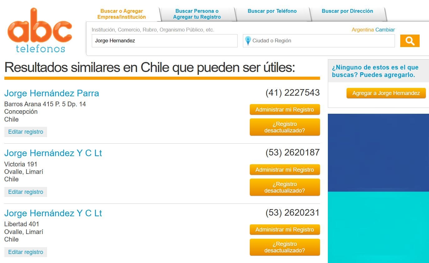 El buscador de personas ABC telefonos muestra resultados de la búsqueda por nombre