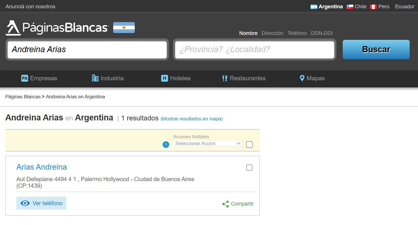 El buscador de personas páginas blancas muestra resultados de la búsqueda por nombre