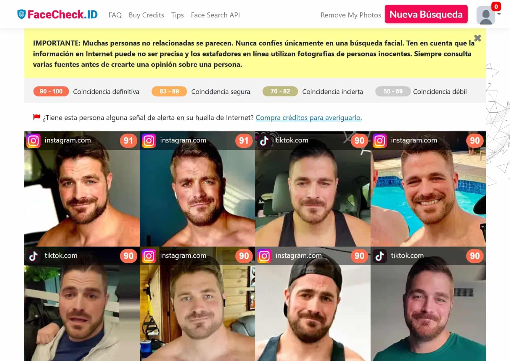 Resultados de imágenes en Facecheck.id que muestran una coincidencia exacta.