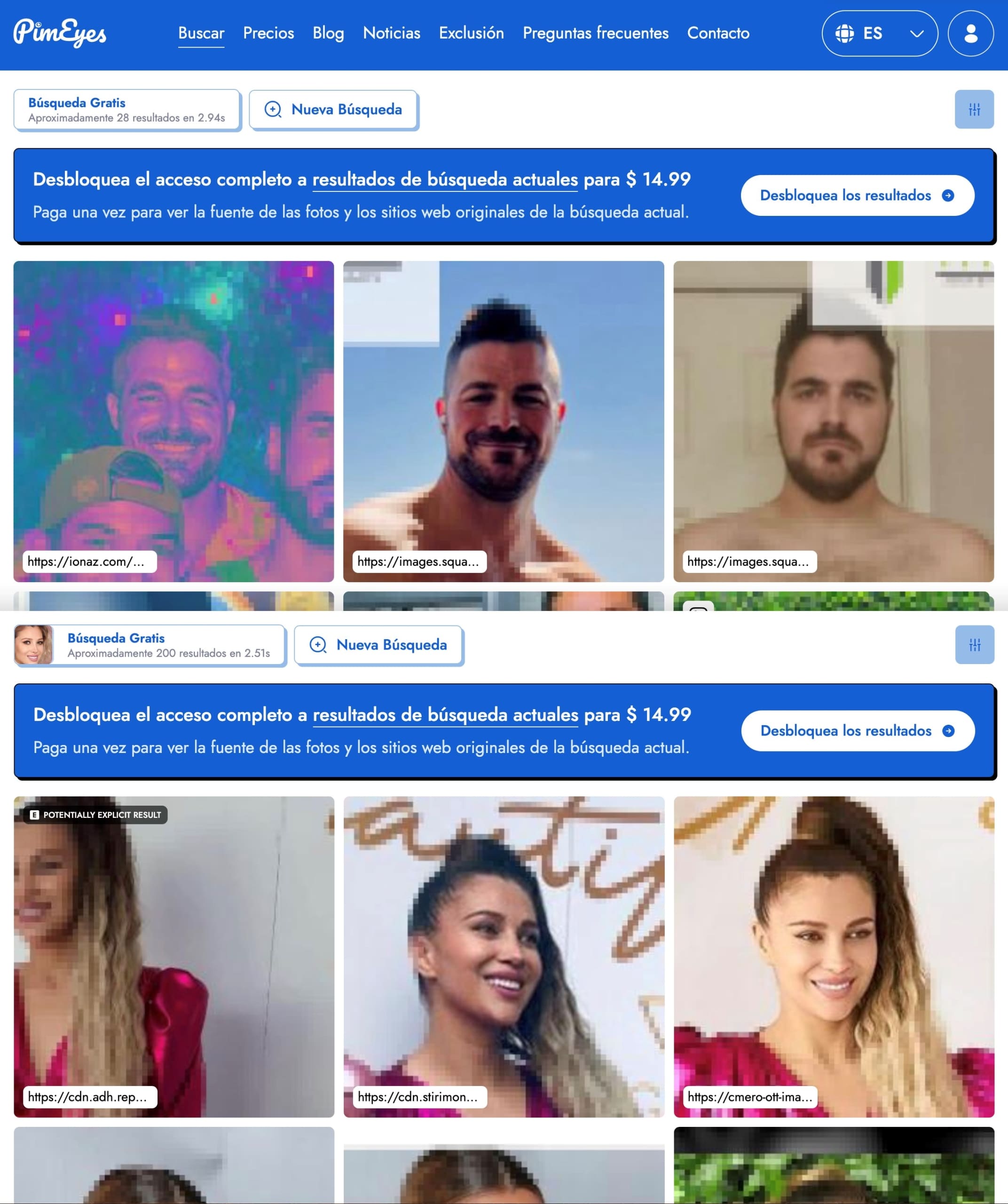 Resultados de una búsqueda inversa de imágenes en PimEyes utilizando una foto real.