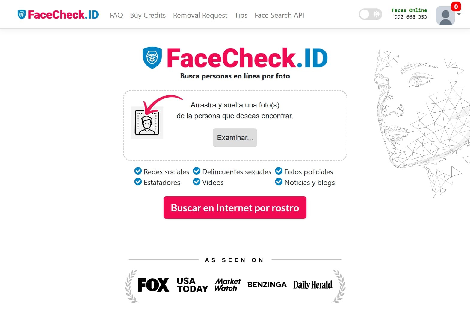 Campo para subir fotos en el sitio web Facecheck.ID.